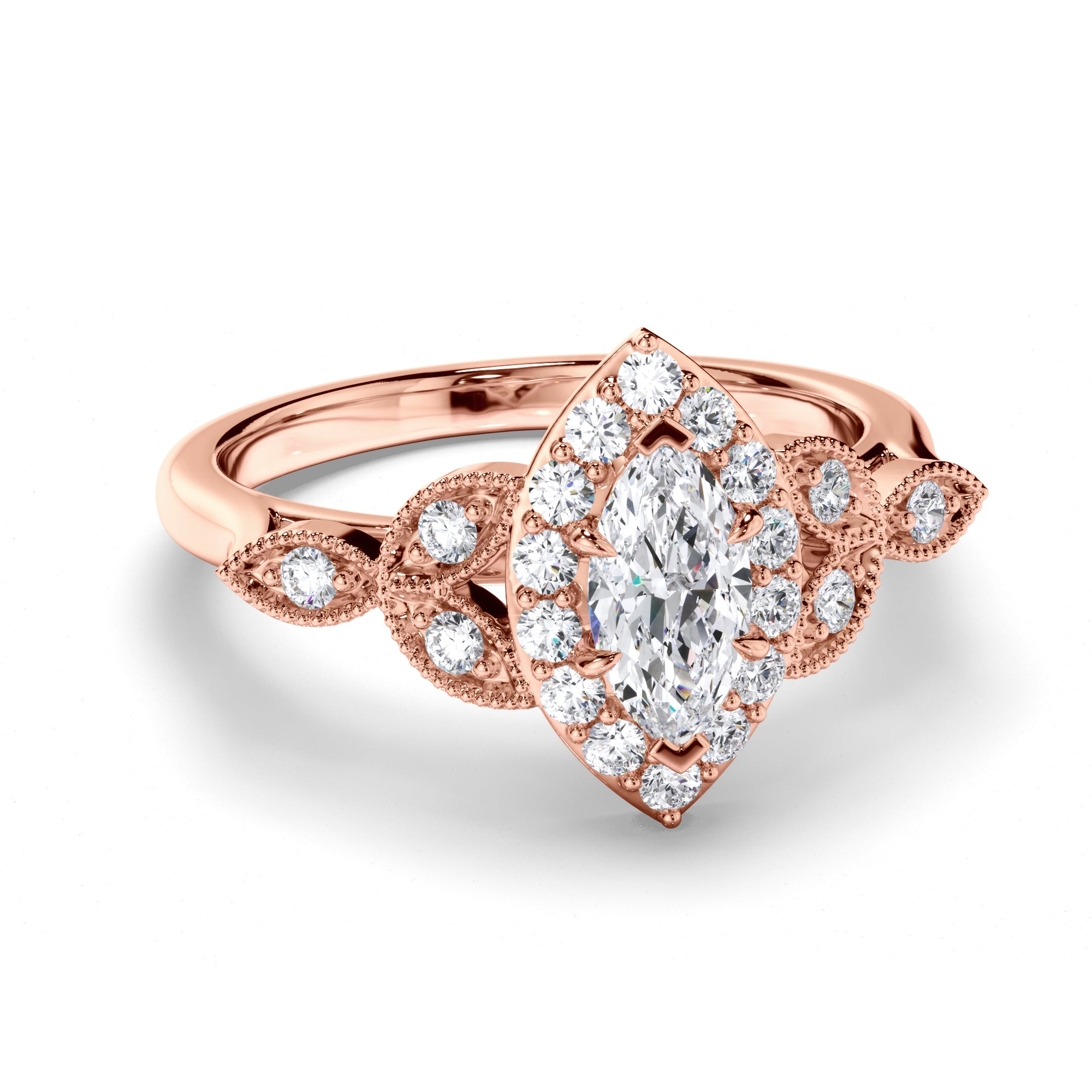 Marquise Diamond Engagement Ring with Halo and Filagree Side Detail