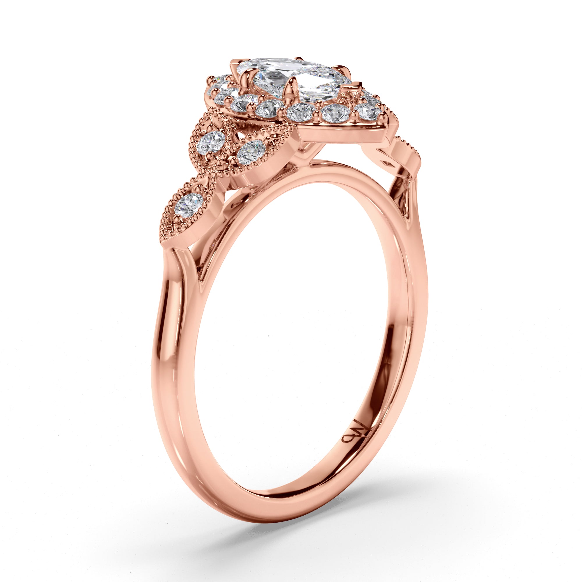 Marquise Diamond Engagement Ring with Halo and Filagree Side Detail