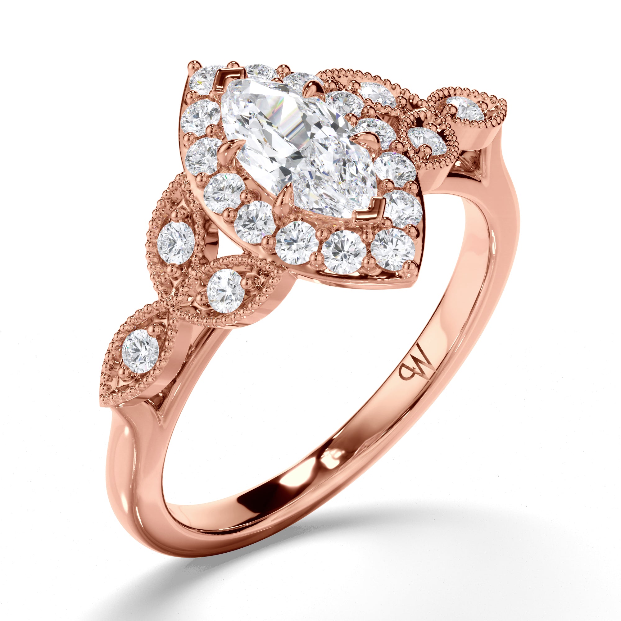 Marquise Diamond Engagement Ring with Halo and Filagree Side Detail