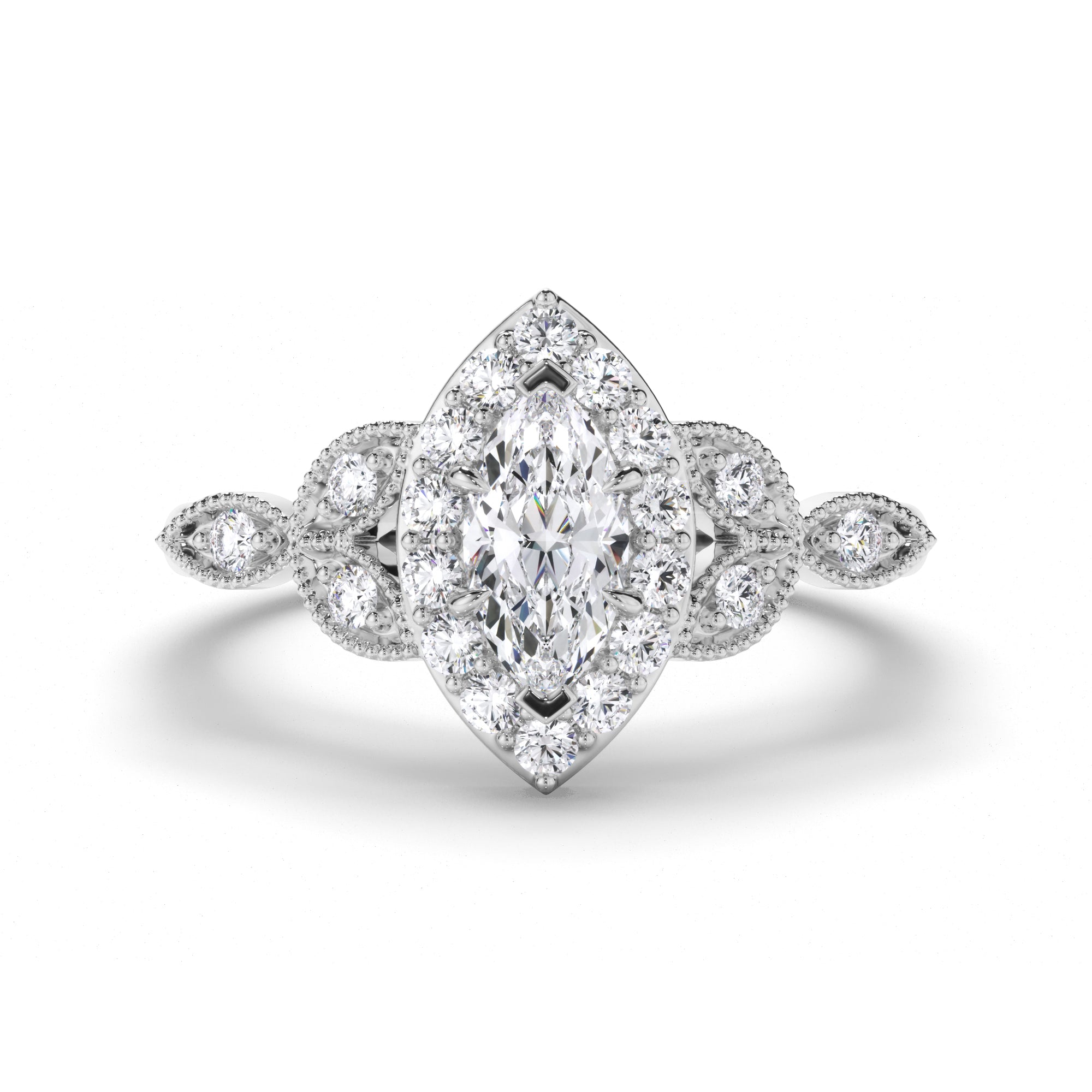 Marquise Diamond Engagement Ring with Halo and Filagree Side Detail