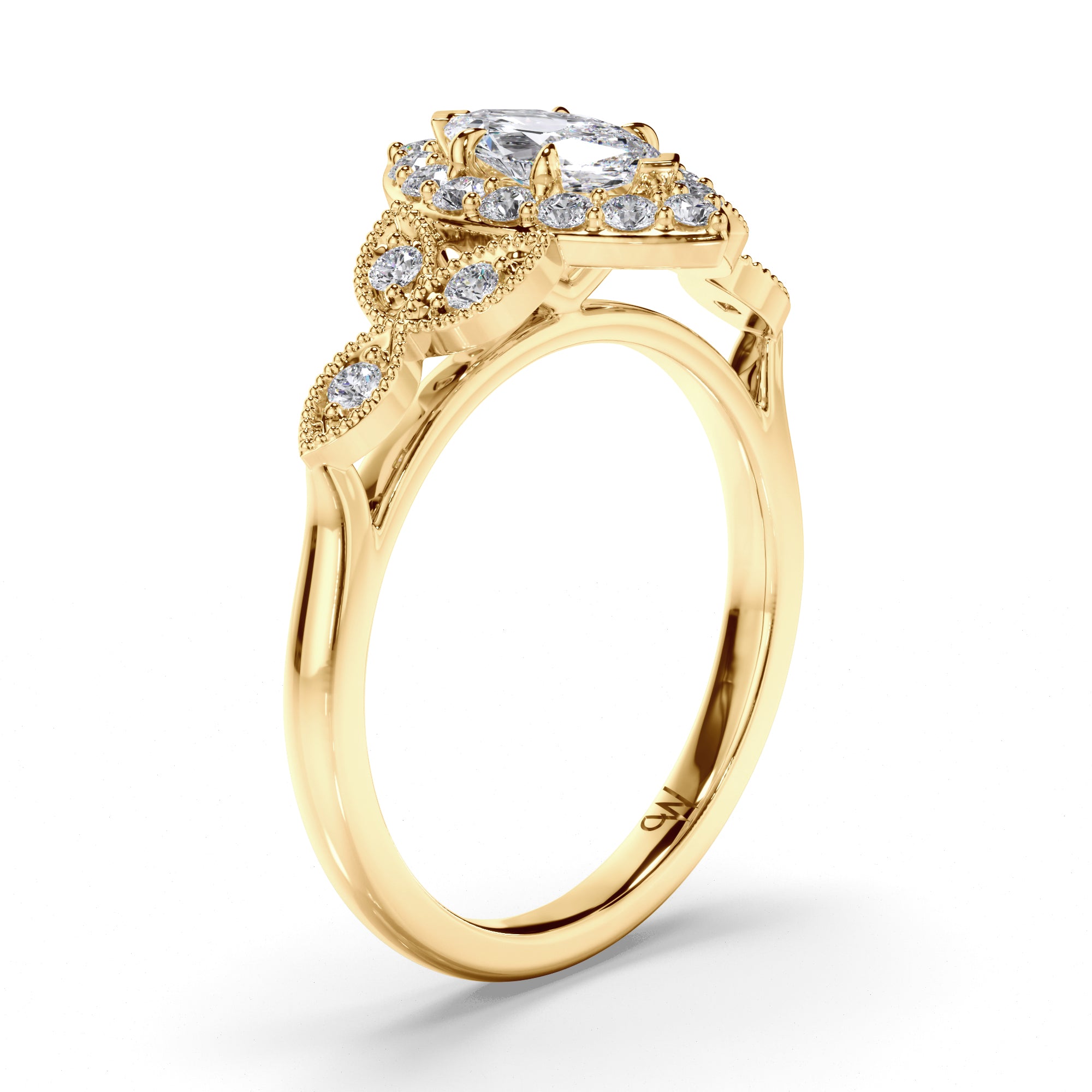 Marquise Diamond Engagement Ring with Halo and Filagree Side Detail