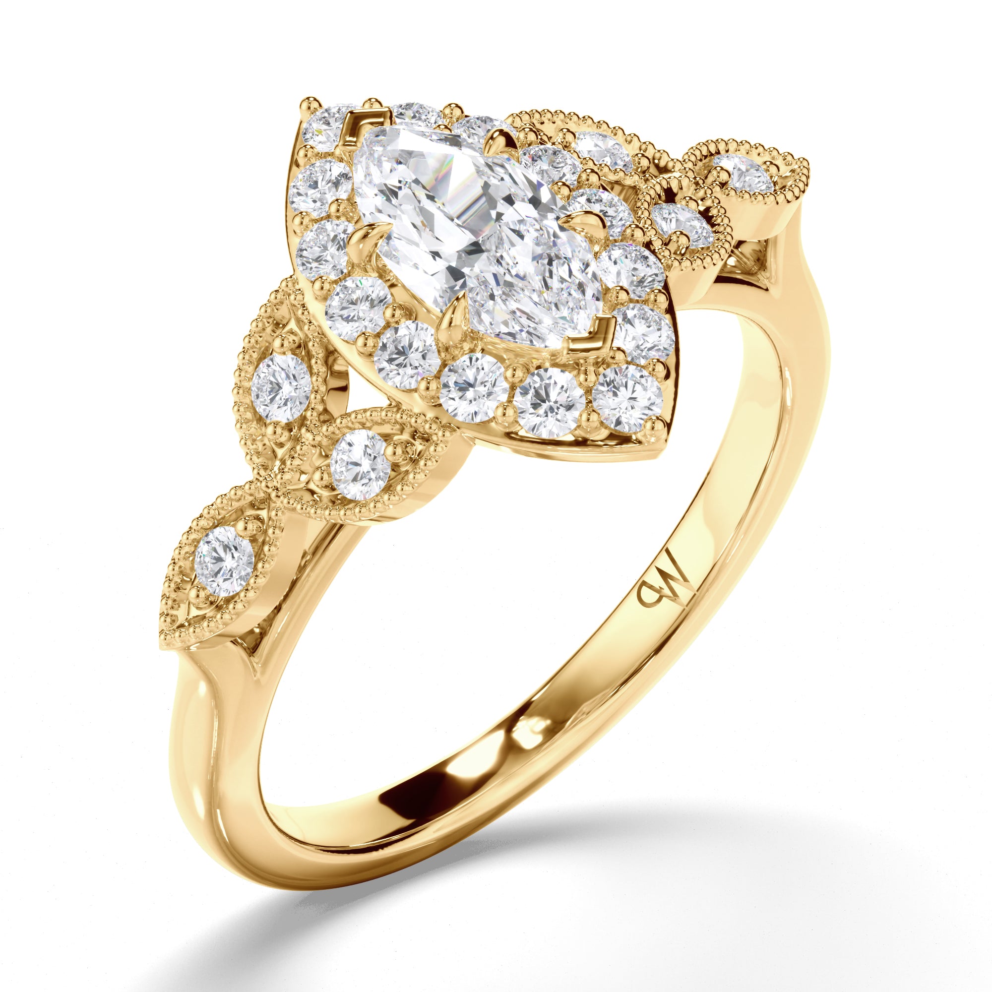 Marquise Diamond Engagement Ring with Halo and Filagree Side Detail