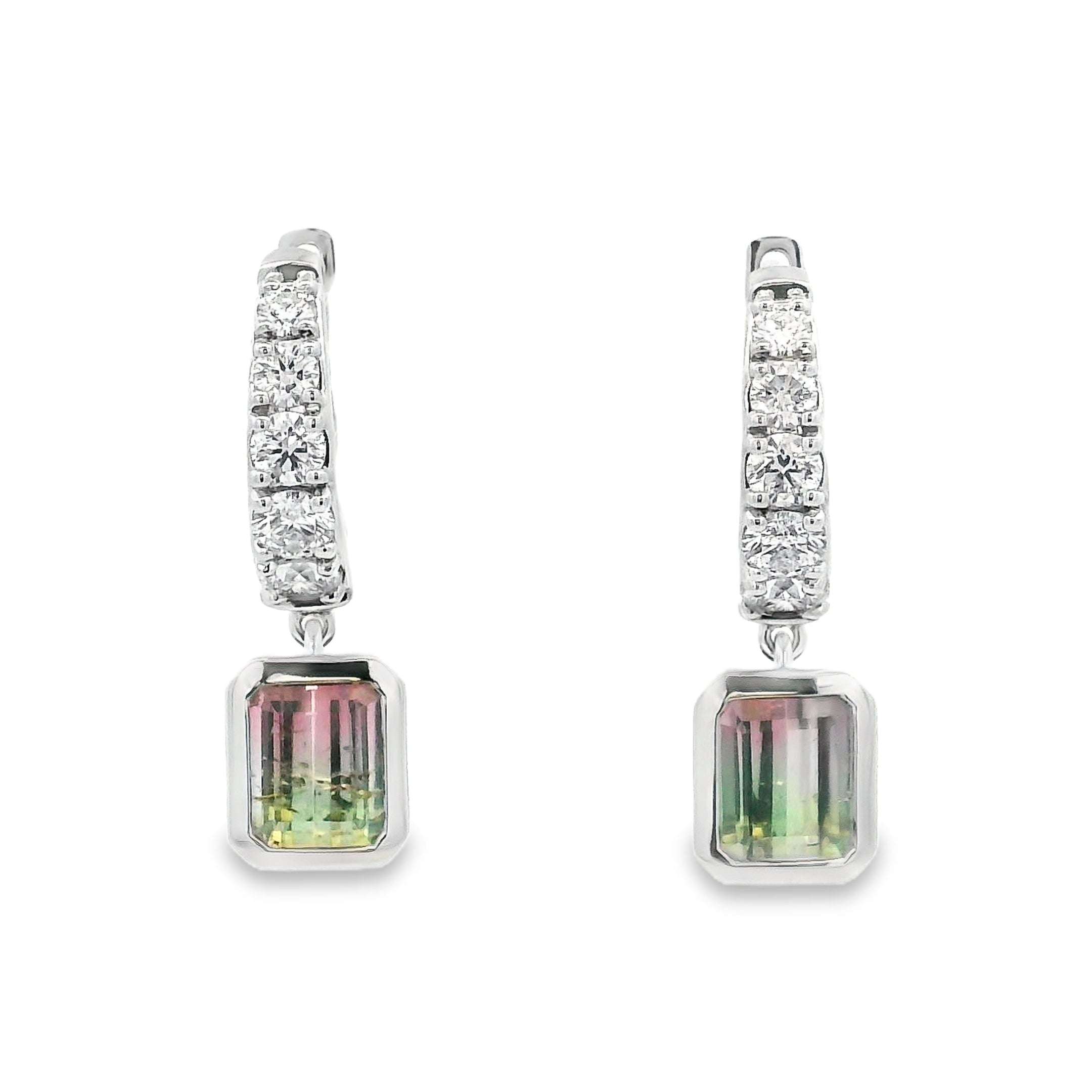 9ct White Gold Watermelon Tourmaline and Diamond Huggies
