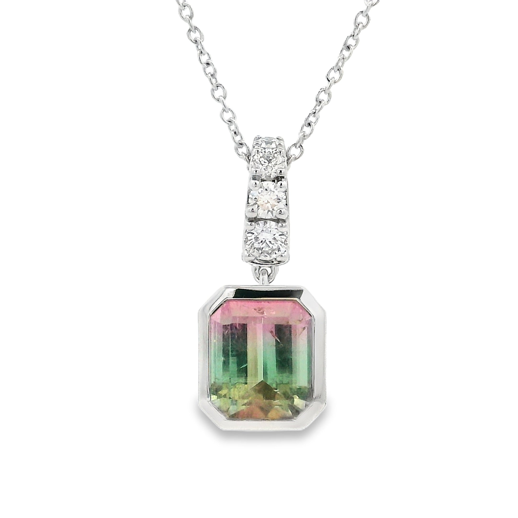 9ct White Gold Watermelon Tourmaline and Diamond Pendant