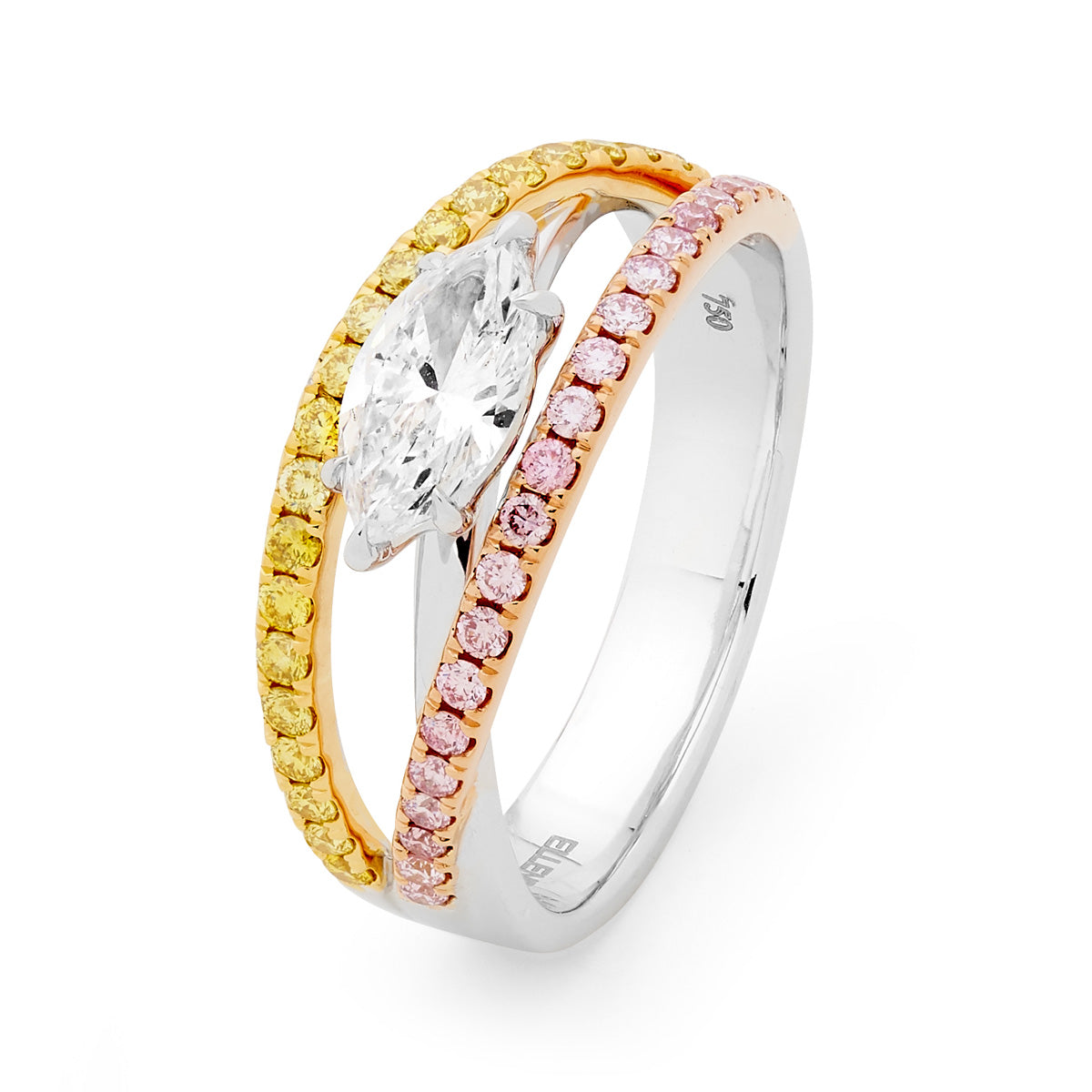 18ct White, Rose & Yellow Gold Ring Multi Coloured Diamond Ring