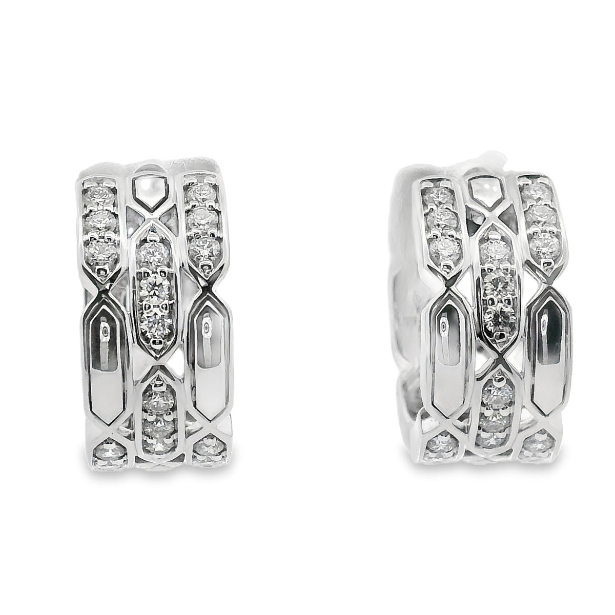 9ct White Gold Brick Pattern Diamond Huggie