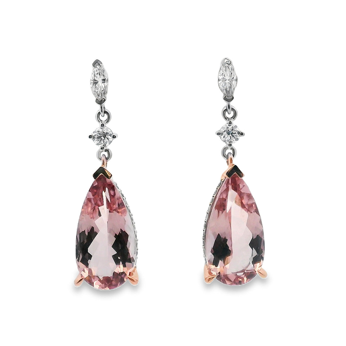 18ct White & Rose Gold Morganite and Diamond Drop Earrings