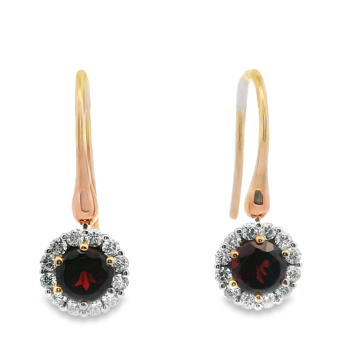 9ct Yellow & White Gold Garnet and Diamond Drop Earrings