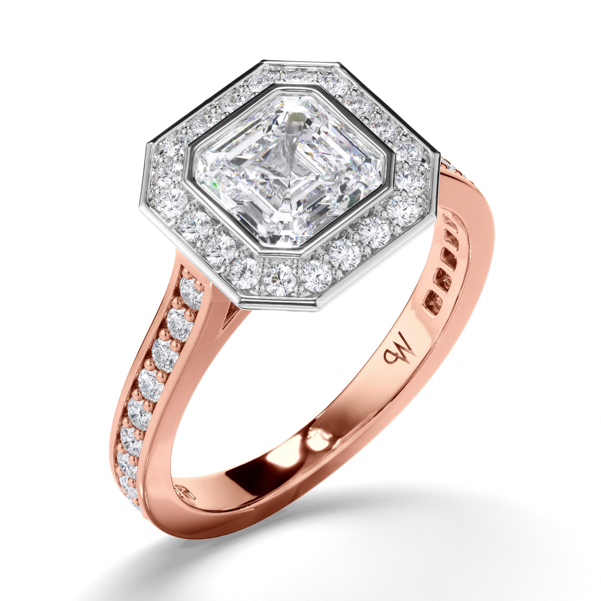 Asscher Diamond Engagement Ring with Bead Set Halo and Diamond Band