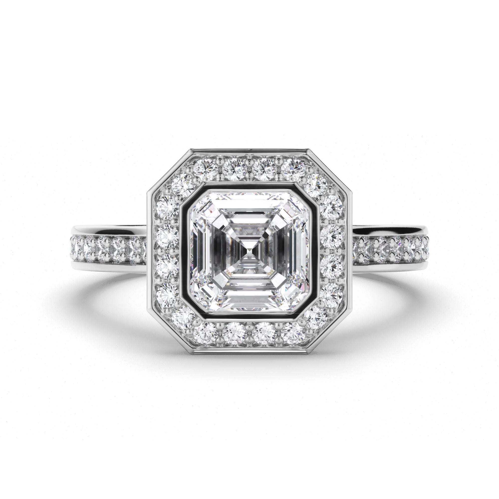 Asscher Diamond Engagement Ring with Bead Set Halo and Diamond Band
