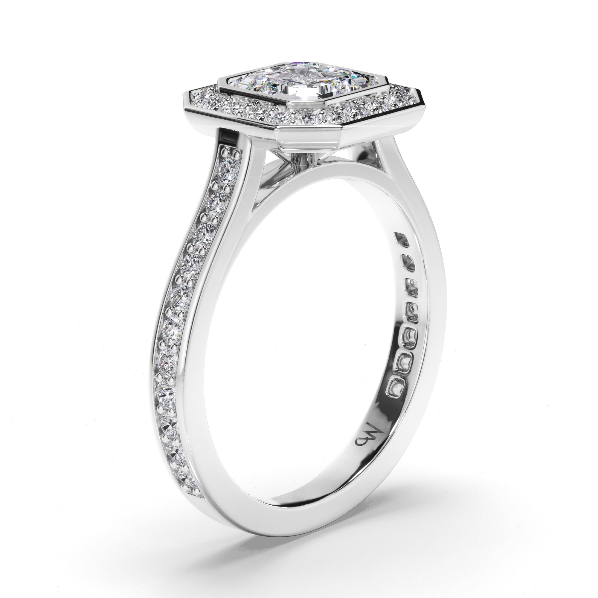 Asscher Diamond Engagement Ring with Bead Set Halo and Diamond Band