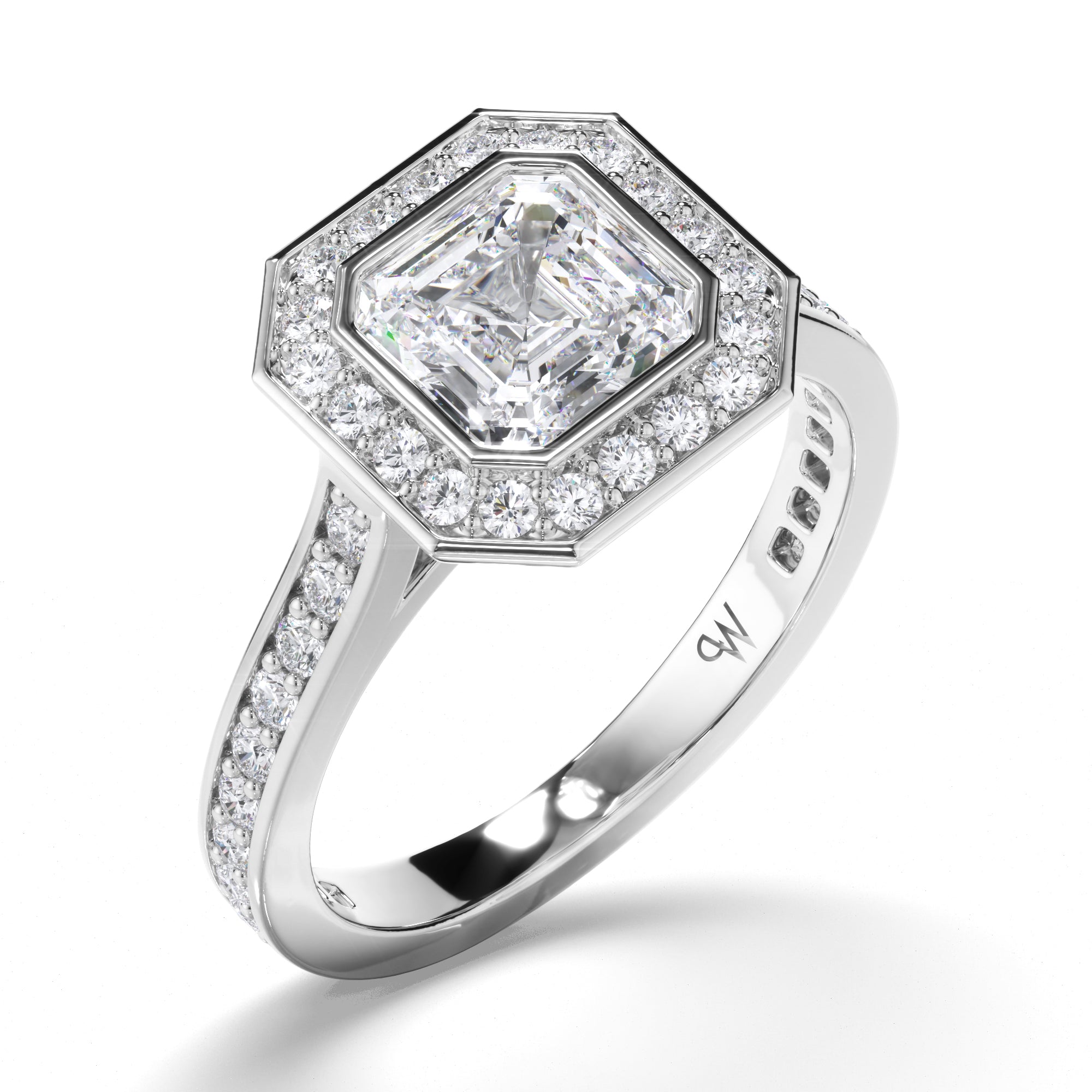 Asscher Diamond Engagement Ring with Bead Set Halo and Diamond Band