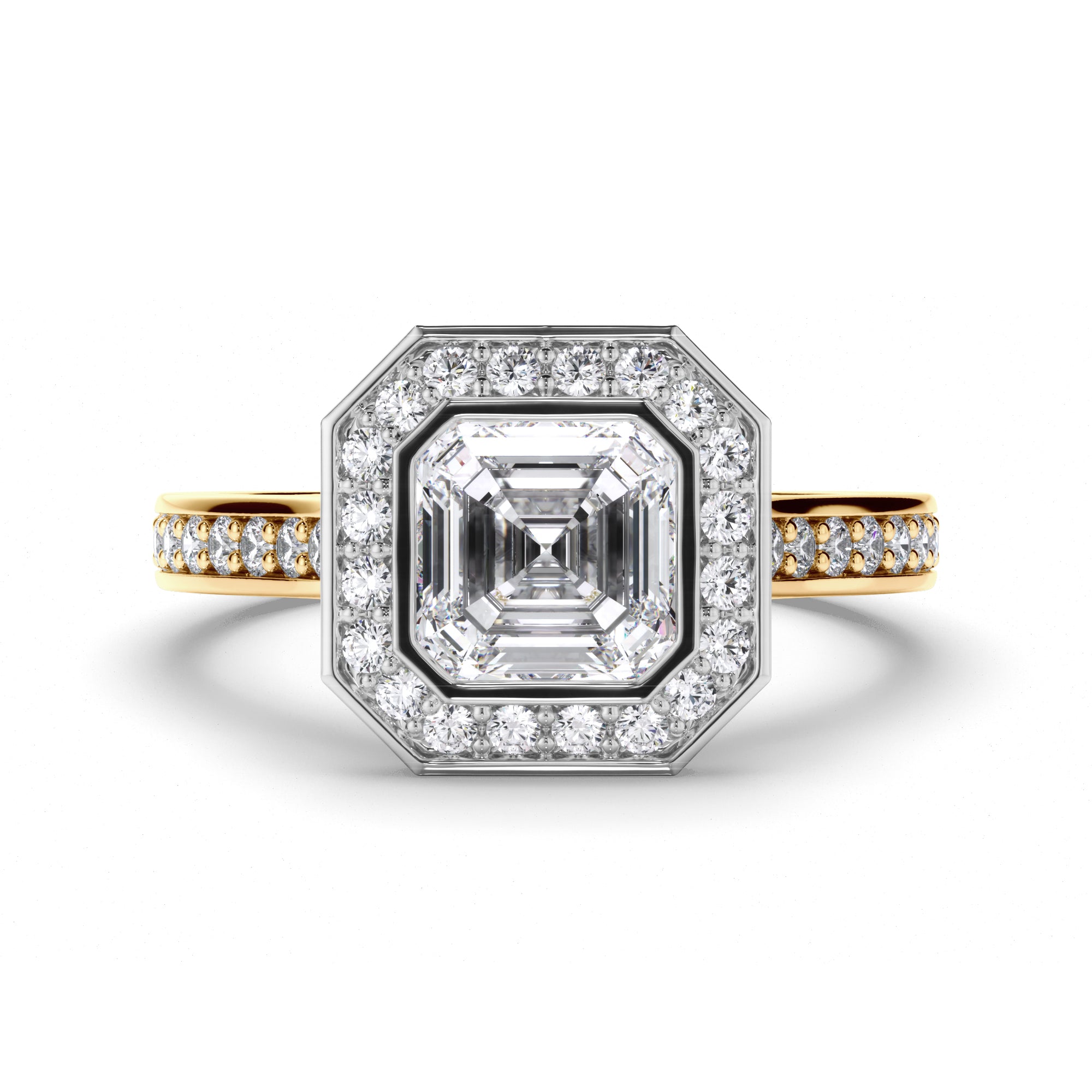 Asscher Diamond Engagement Ring with Bead Set Halo and Diamond Band