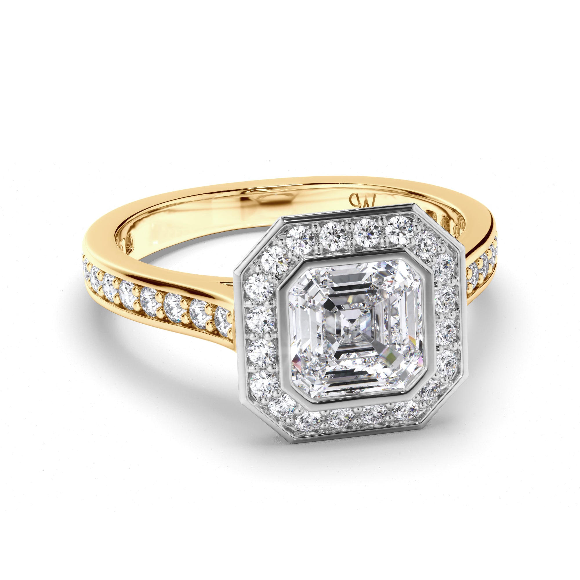 Asscher Diamond Engagement Ring with Bead Set Halo and Diamond Band