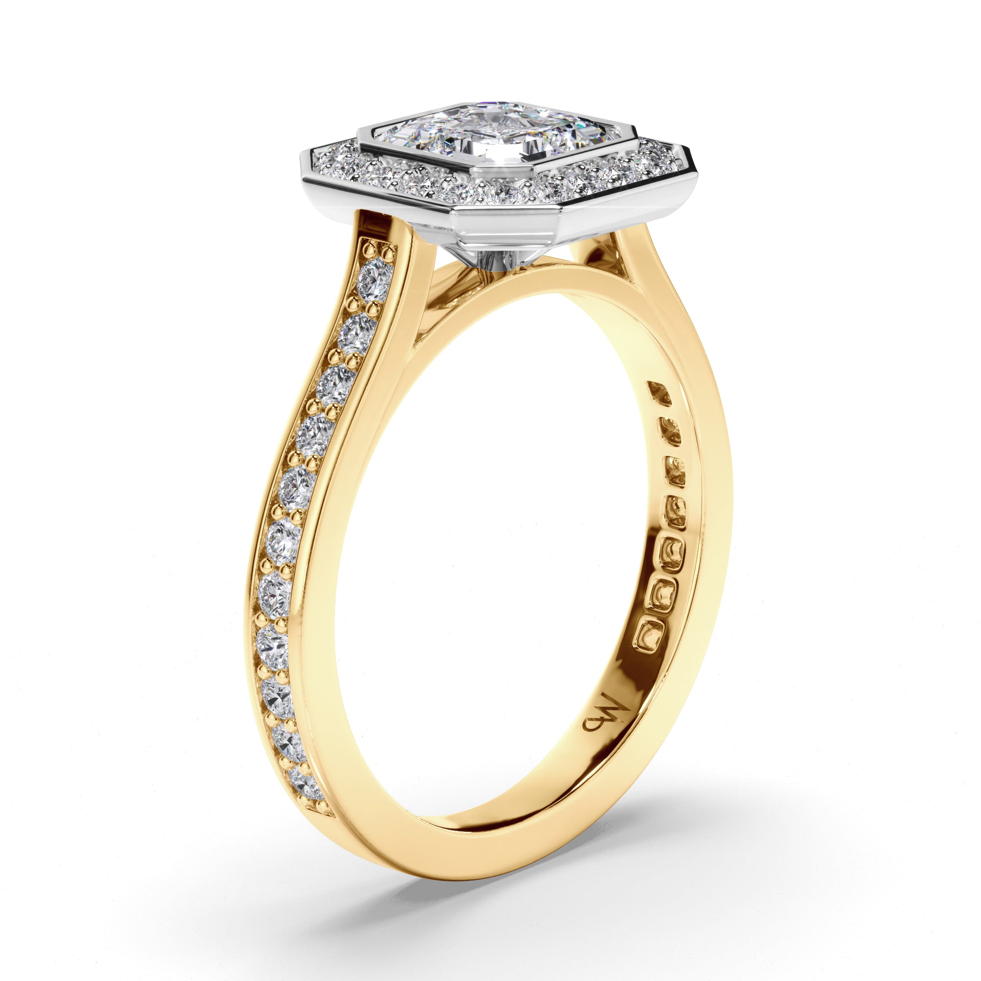 Asscher Diamond Engagement Ring with Bead Set Halo and Diamond Band