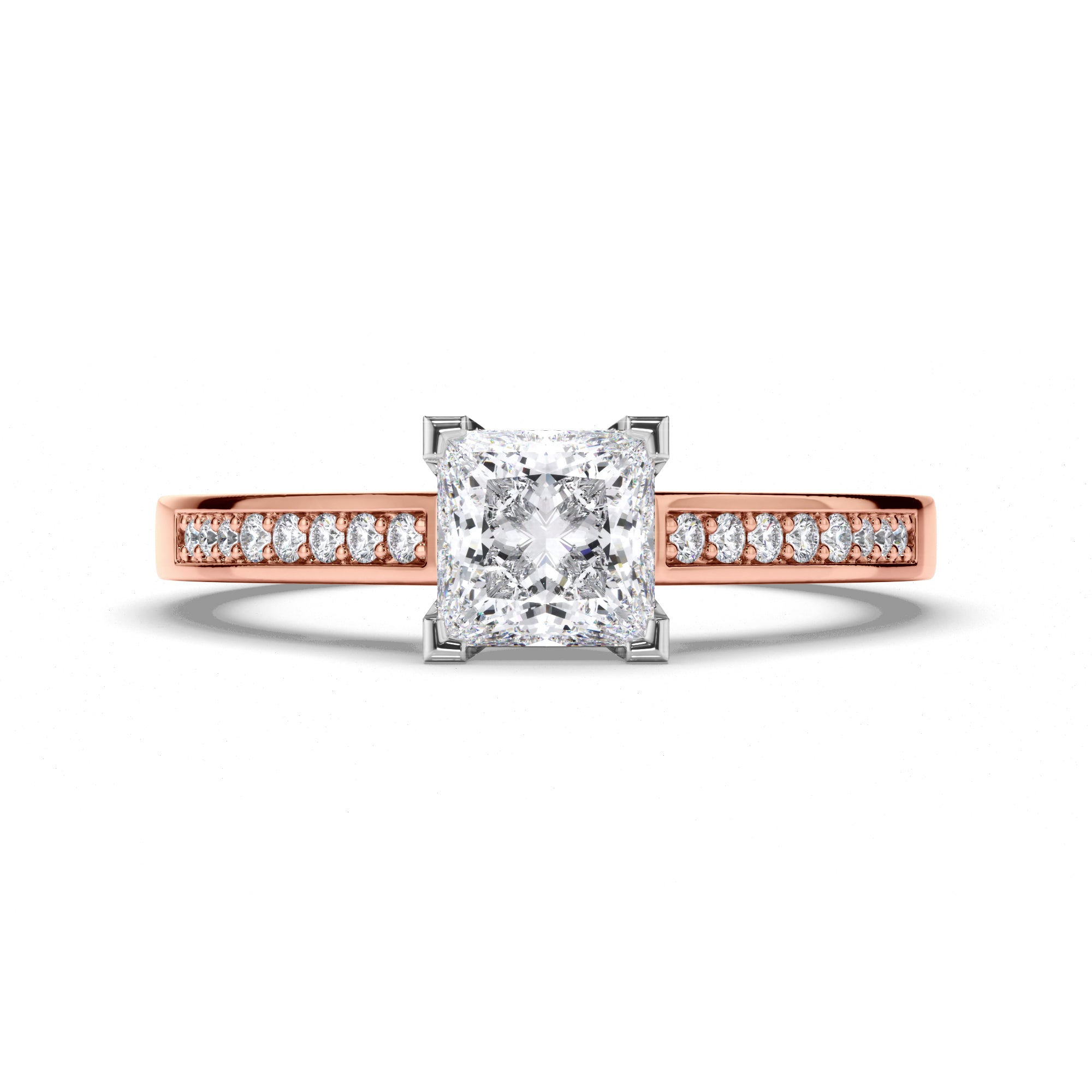 Princess Cut Diamond Engagement Ring with Milgrain Details and Bead Set Band