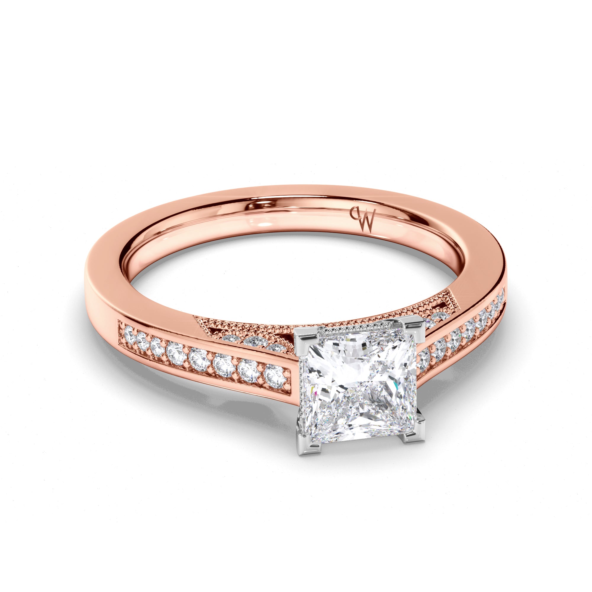 Princess Cut Diamond Engagement Ring with Milgrain Details and Bead Set Band