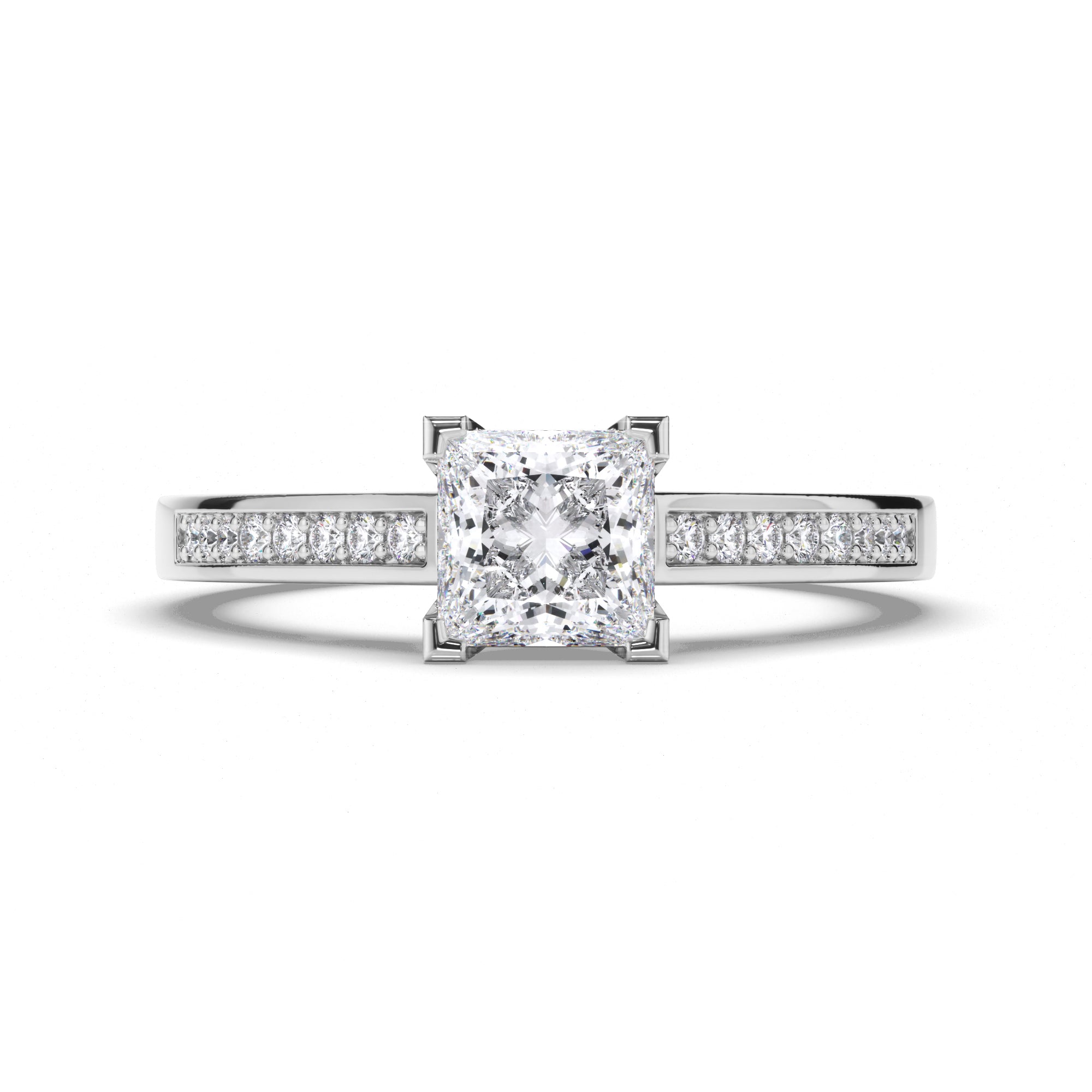 Princess Cut Diamond Engagement Ring with Milgrain Details and Bead Set Band