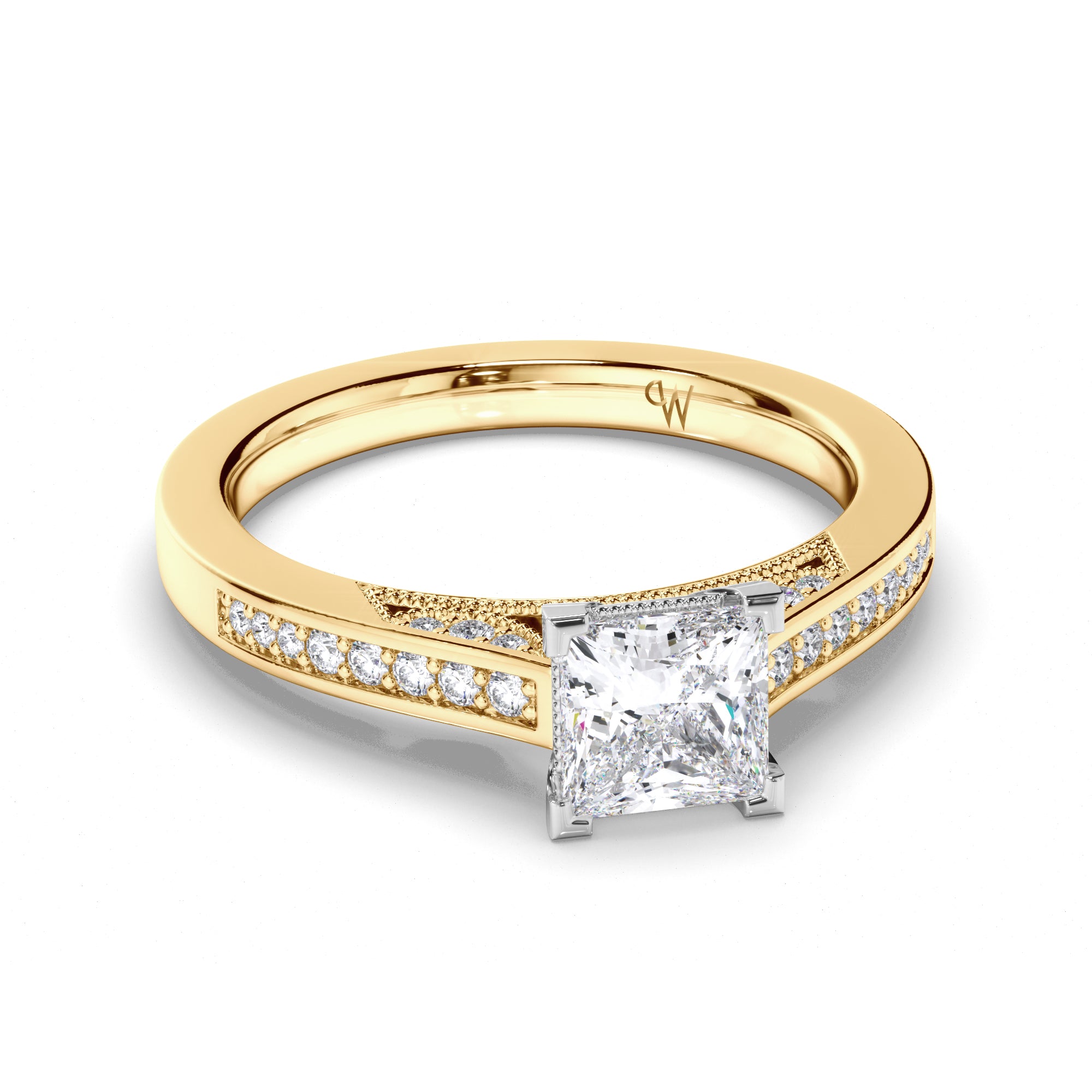 Princess Cut Diamond Engagement Ring with Milgrain Details and Bead Set Band