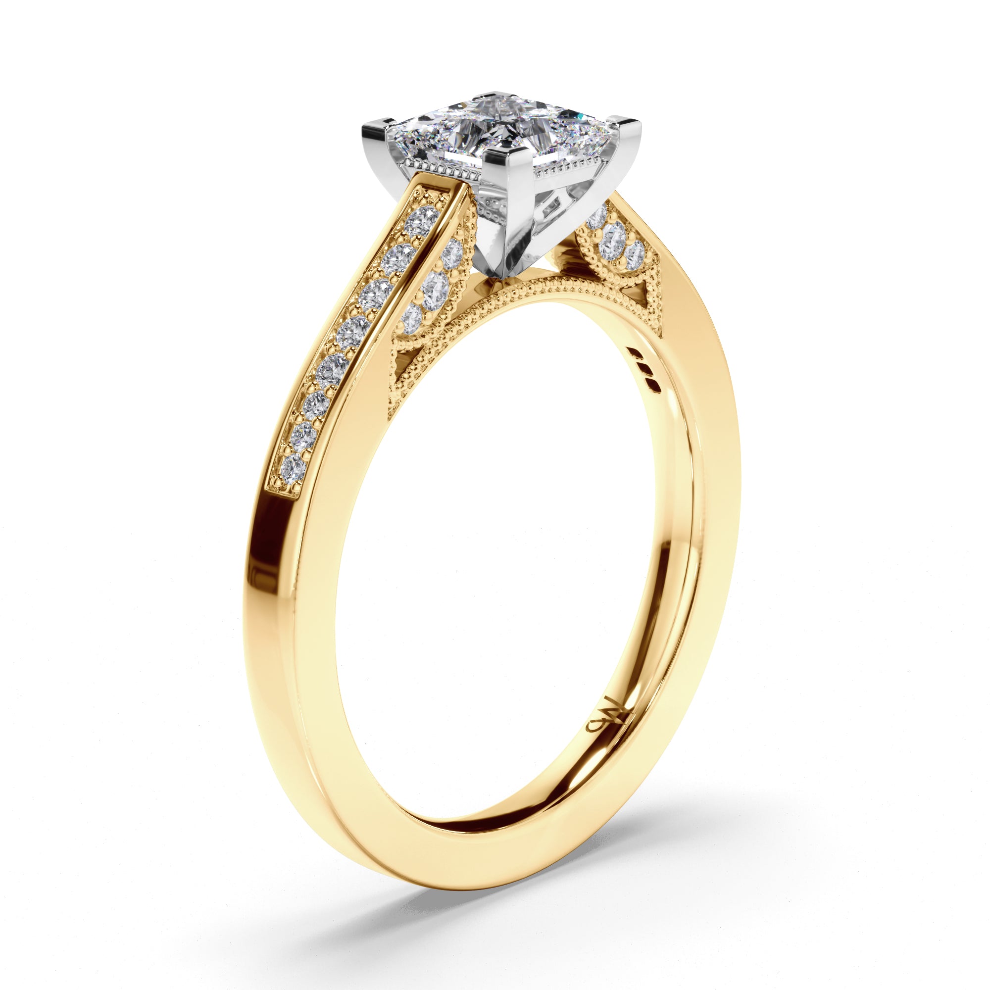 Princess Cut Diamond Engagement Ring with Milgrain Details and Bead Set Band