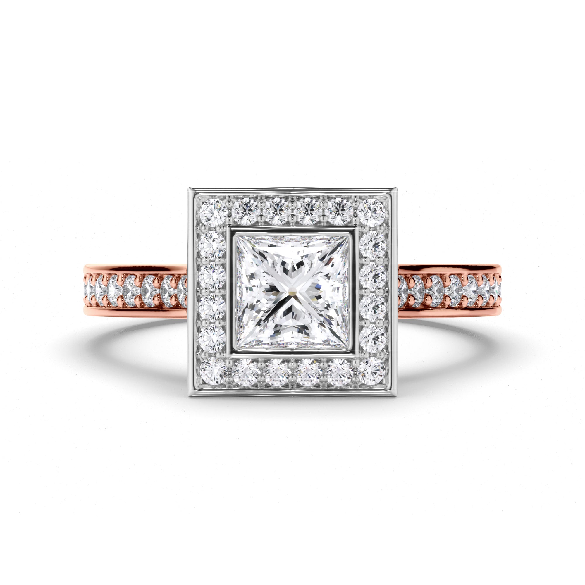 Princess Cut Diamond Engagement Ring with Bead Set Halo and Band