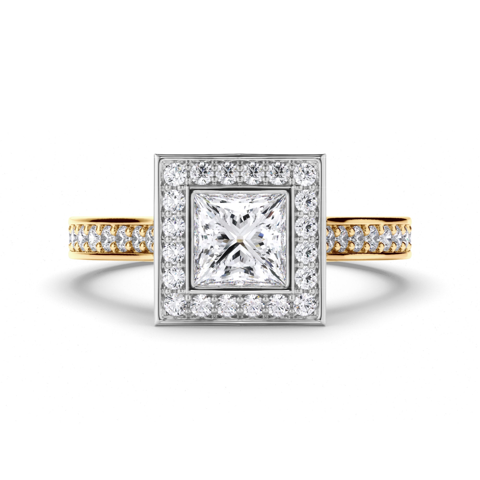Princess Cut Diamond Engagement Ring with Bead Set Halo and Band