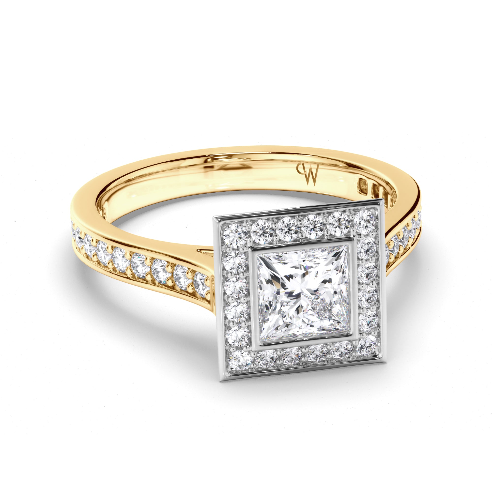 Princess Cut Diamond Engagement Ring with Bead Set Halo and Band