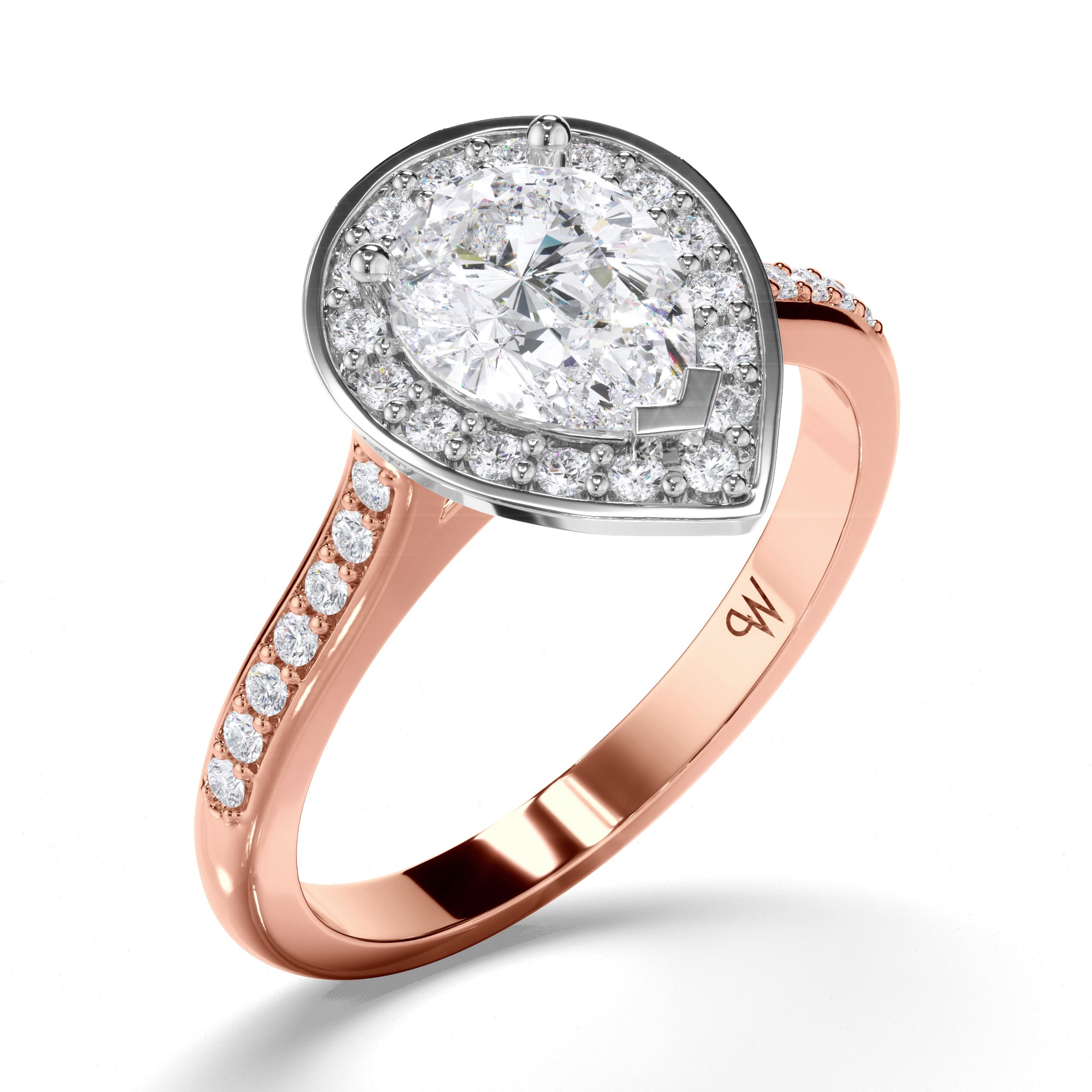 Pear Diamond Engagement Ring with Bead Set Diamond Halo and Band