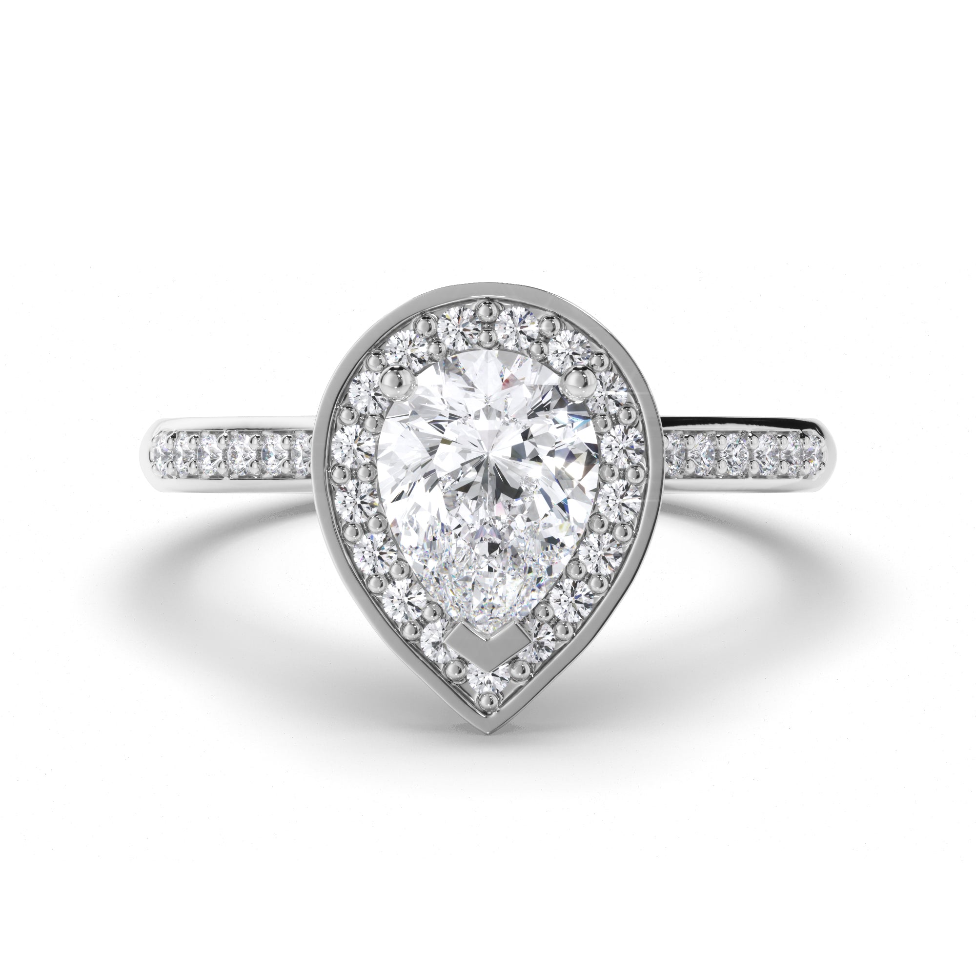 Pear Diamond Engagement Ring with Bead Set Diamond Halo and Band