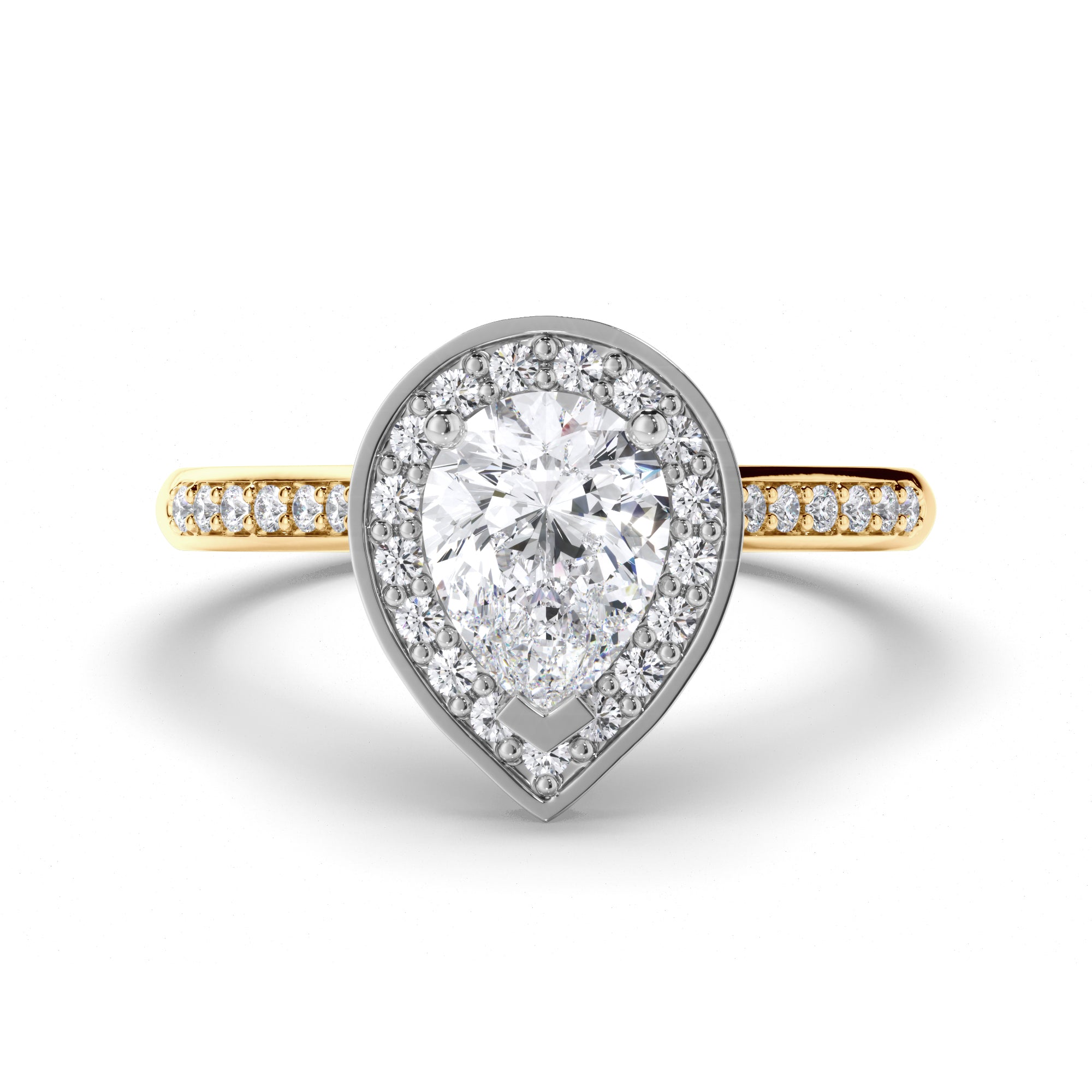 Pear Diamond Engagement Ring with Bead Set Diamond Halo and Band