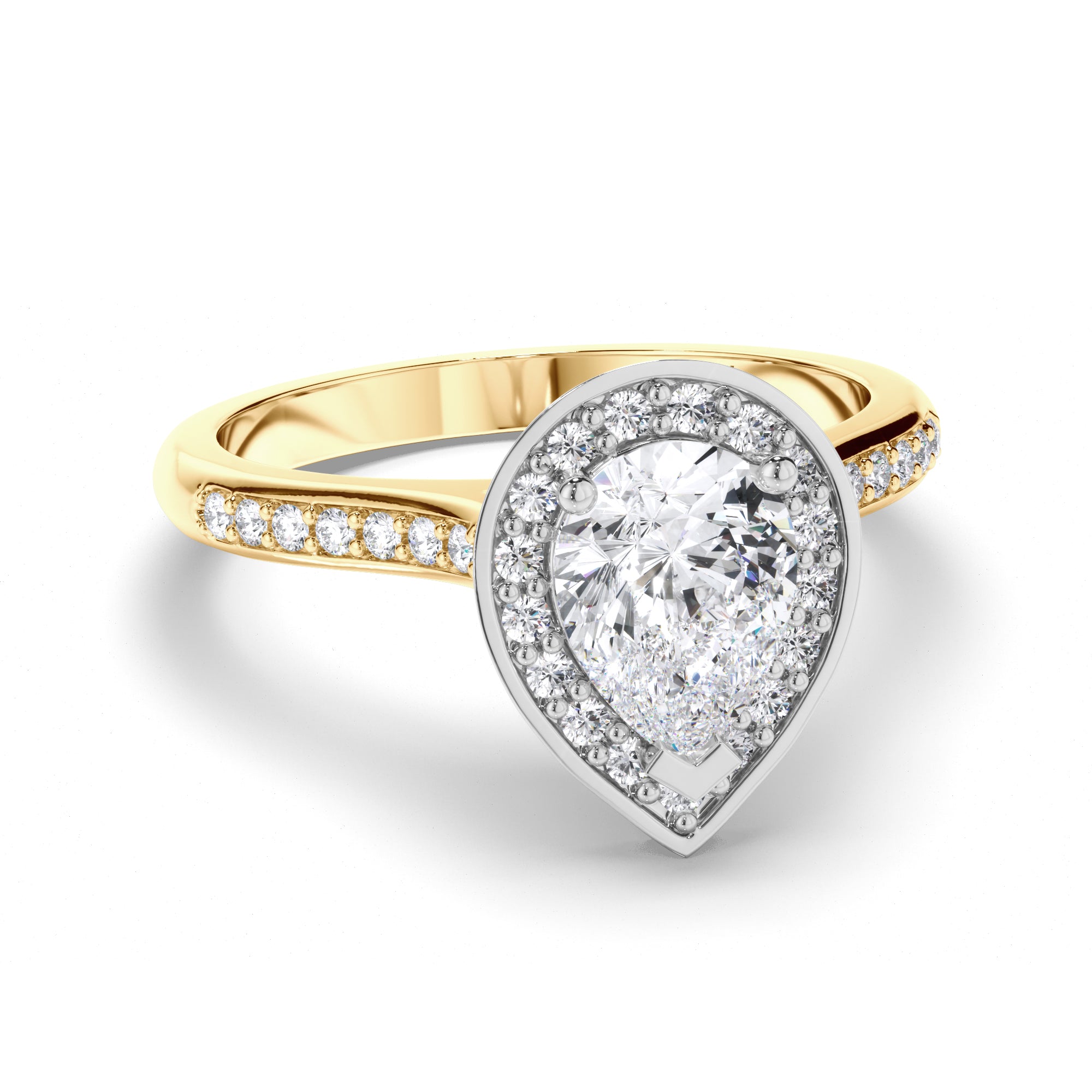 Pear Diamond Engagement Ring with Bead Set Diamond Halo and Band
