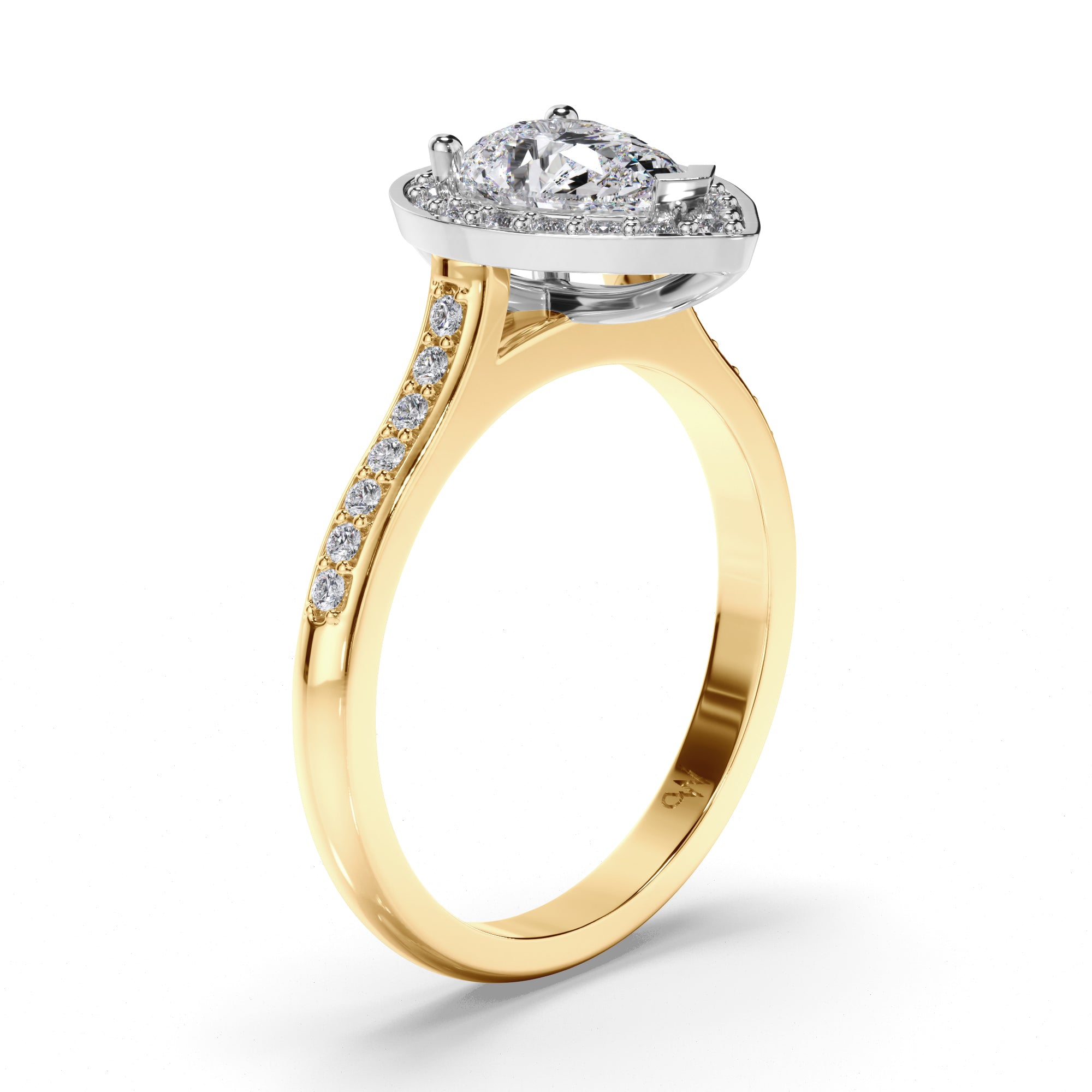 Pear Diamond Engagement Ring with Bead Set Diamond Halo and Band