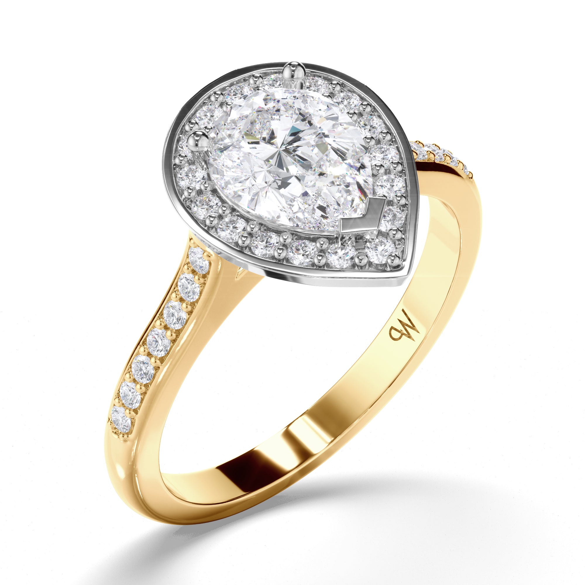 Pear Diamond Engagement Ring with Bead Set Diamond Halo and Band