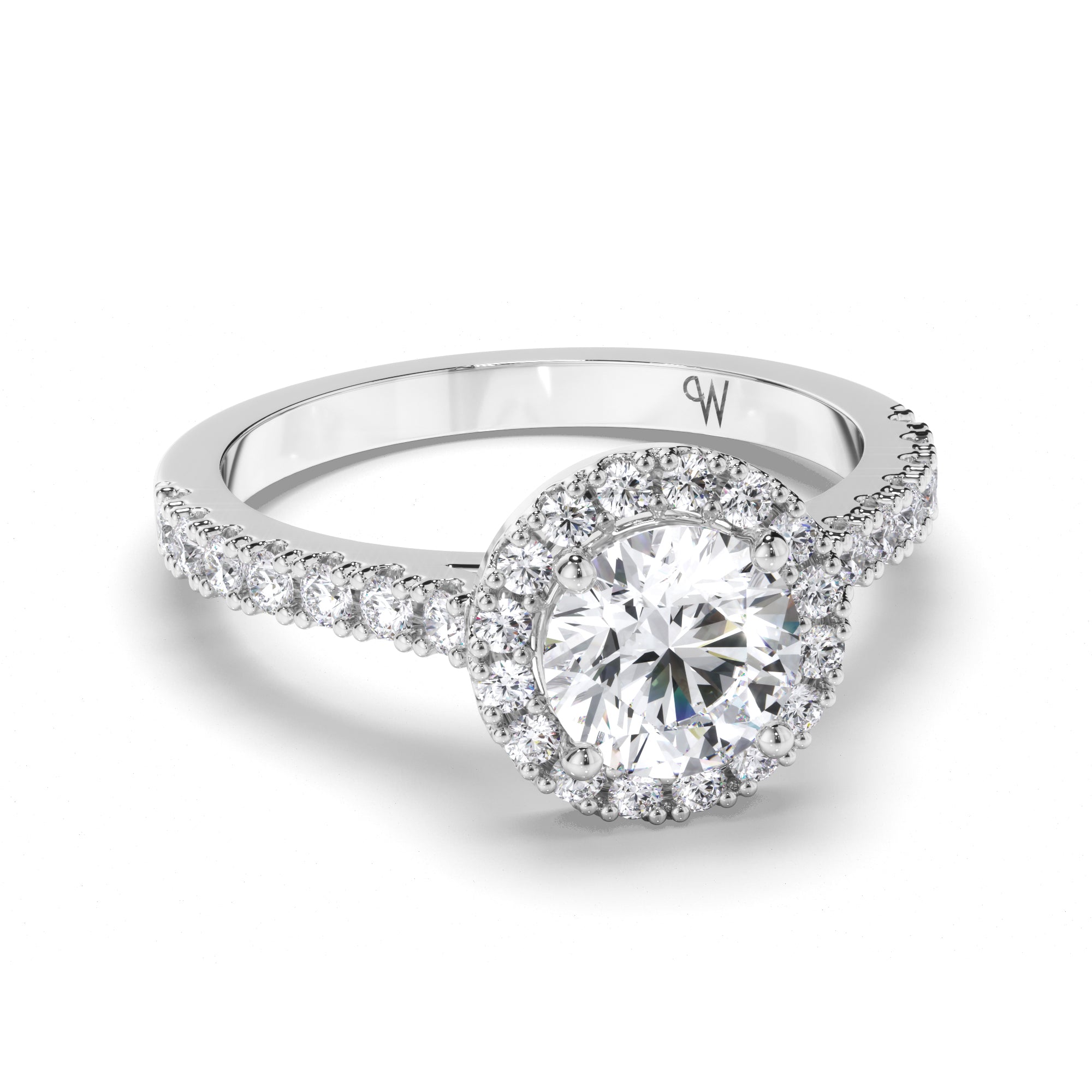 Round Diamond Engagement Ring with Cut Claw Halo and Band
