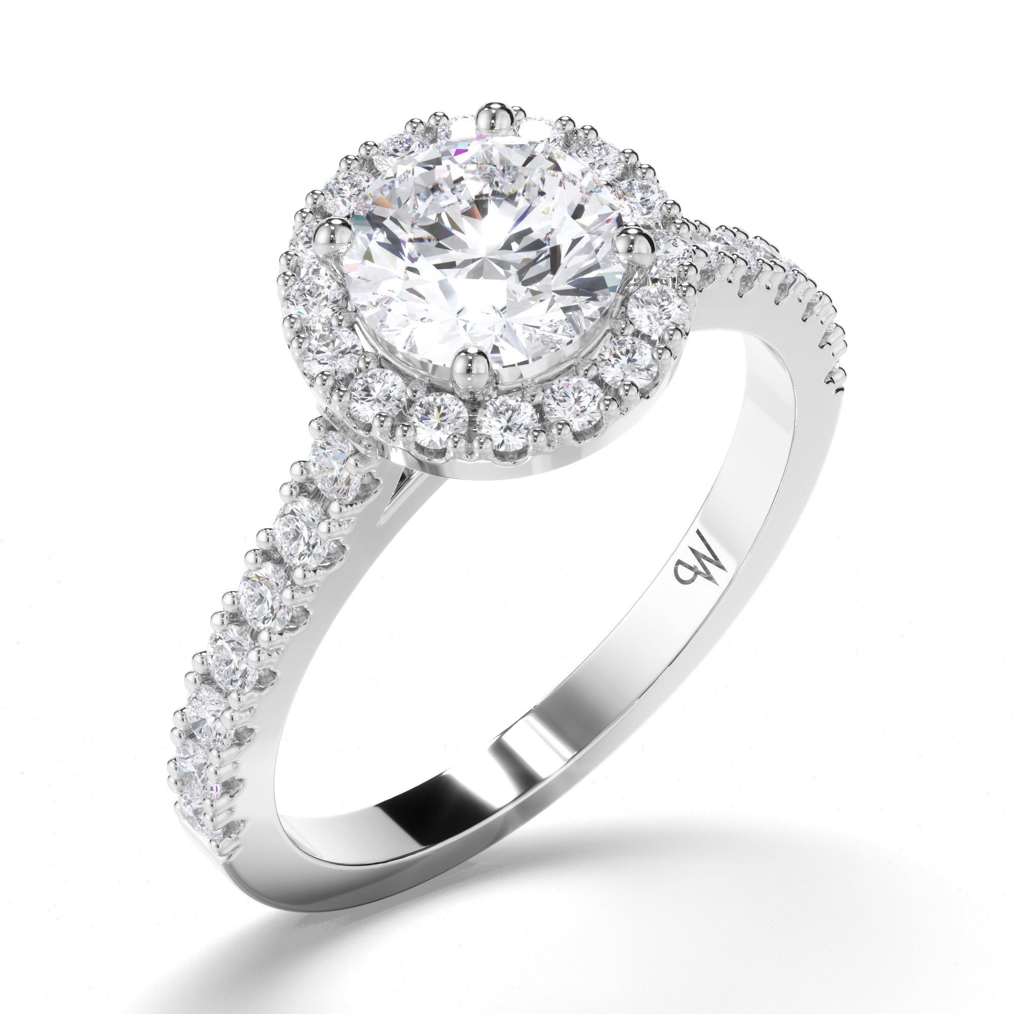 Round Diamond Engagement Ring with Cut Claw Halo and Band