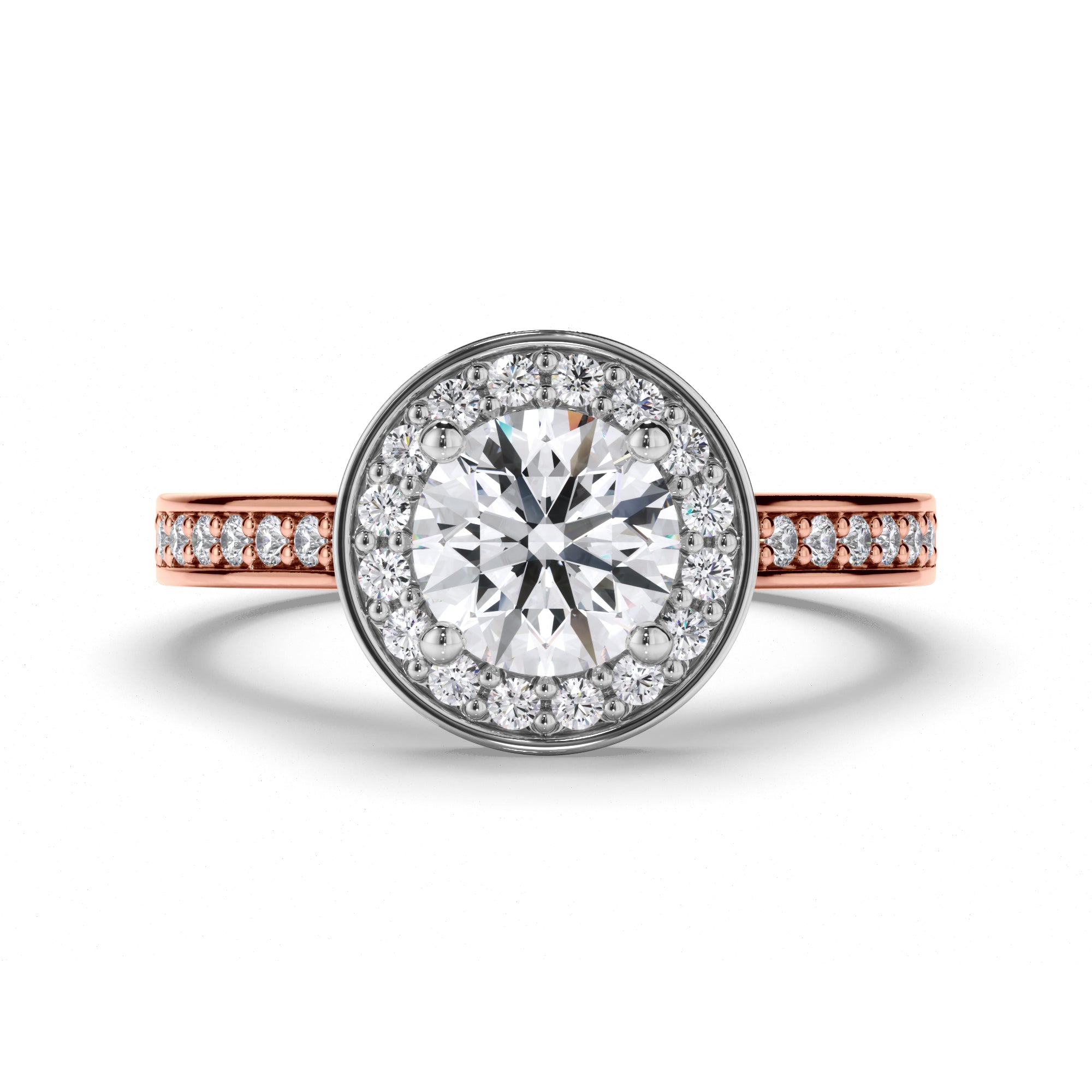 Round Diamond Engagement Ring with Bead Set Halo and Band
