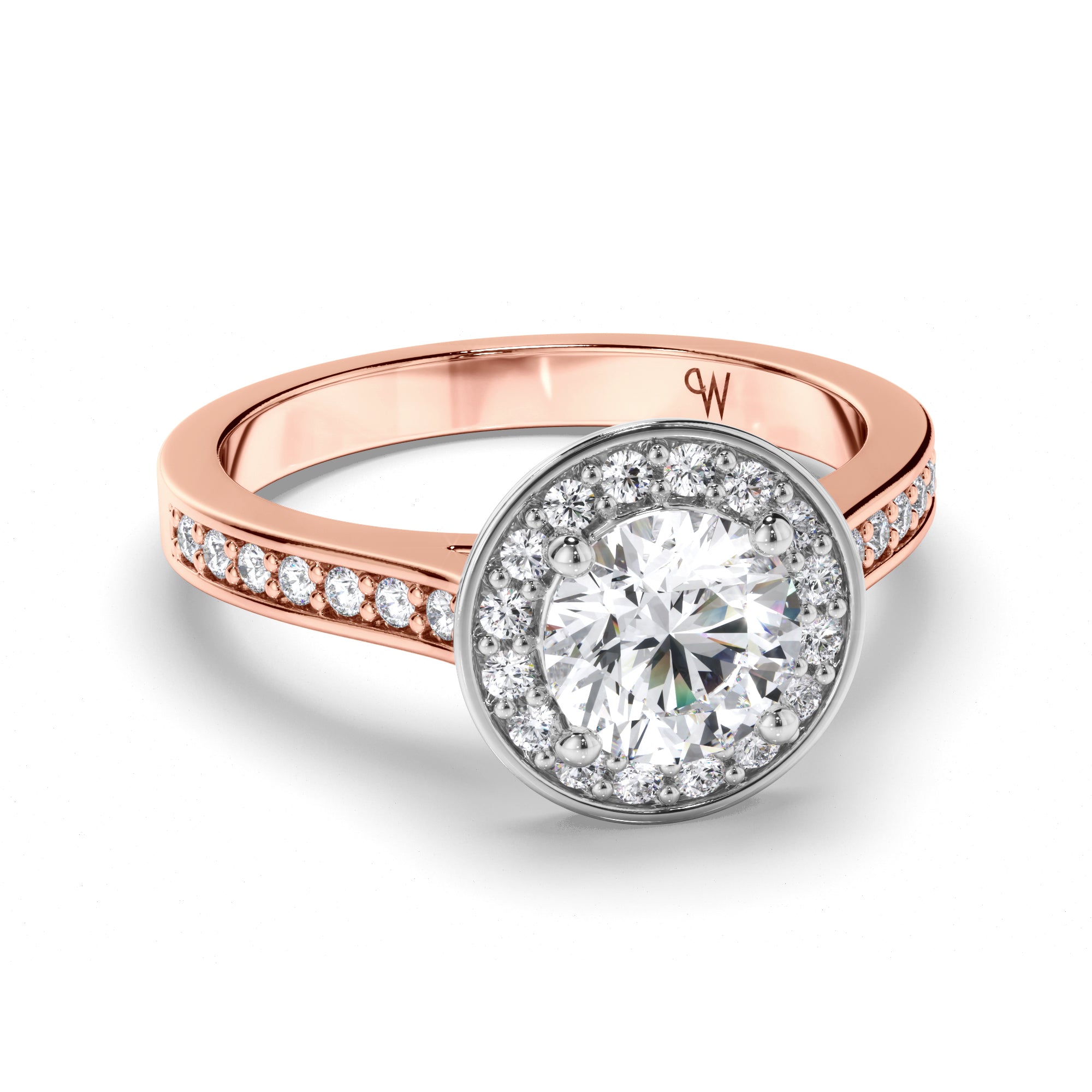 Round Diamond Engagement Ring with Bead Set Halo and Band