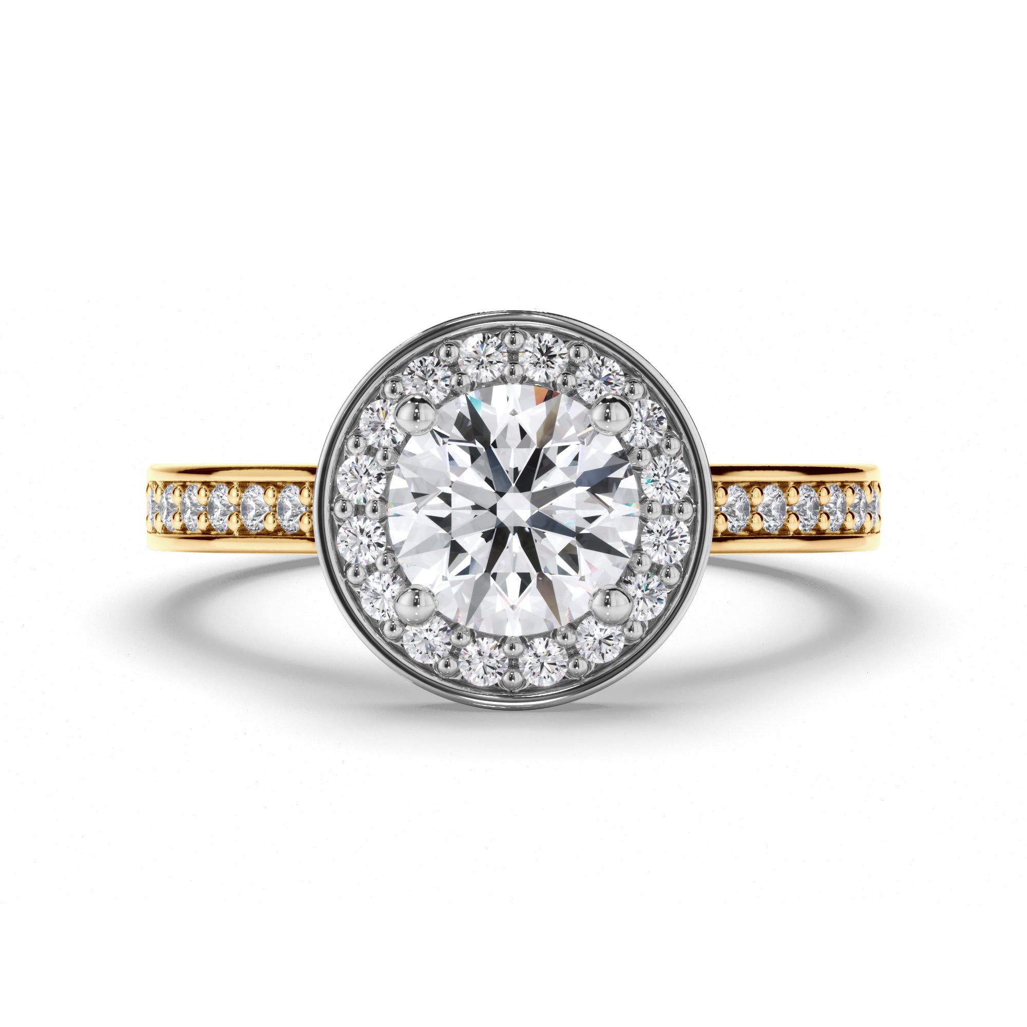 Round Diamond Engagement Ring with Bead Set Halo and Band