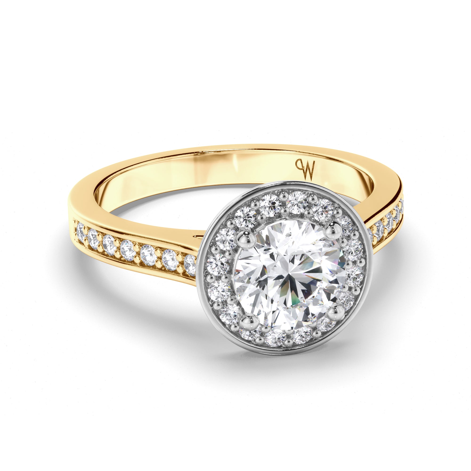 Round Diamond Engagement Ring with Bead Set Halo and Band