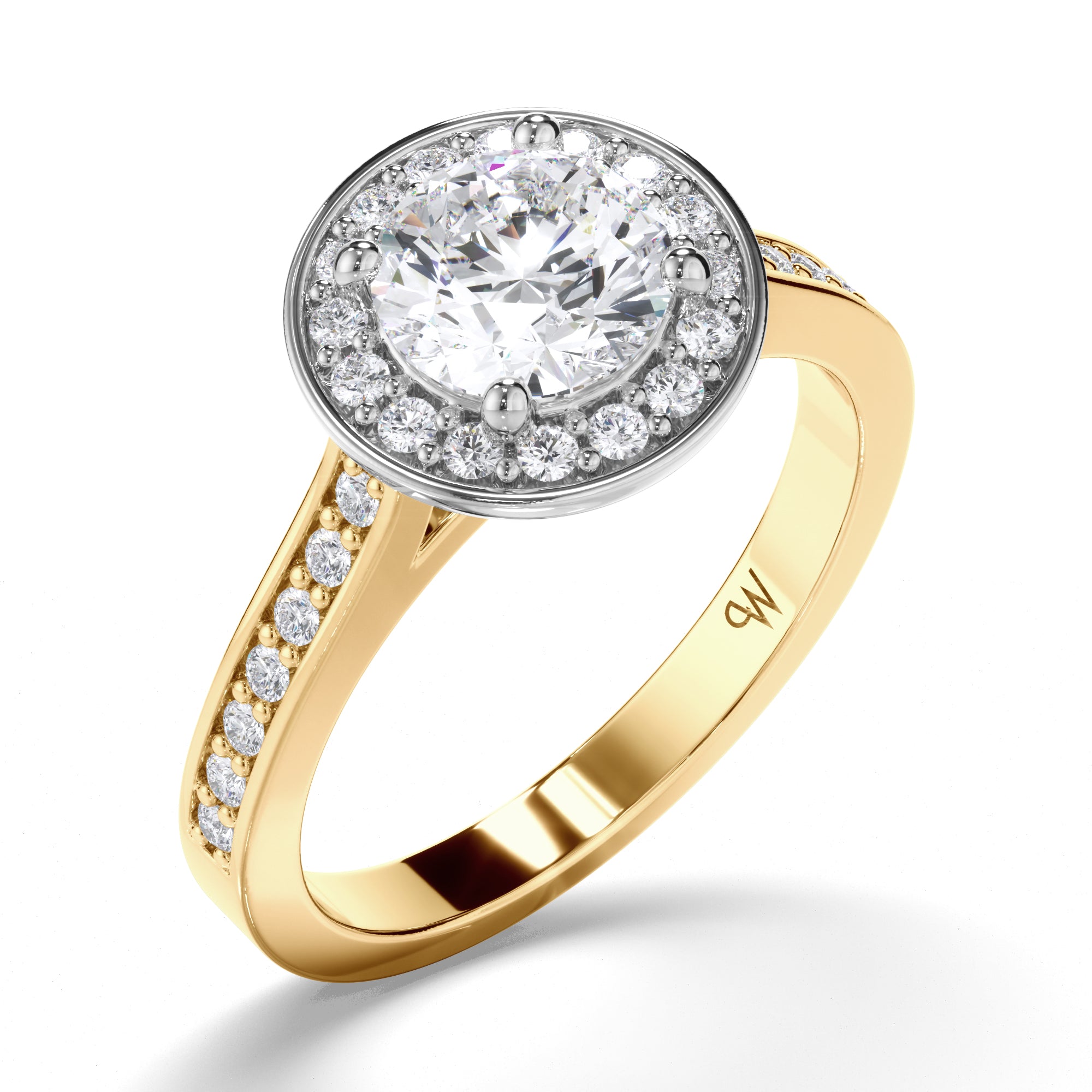 Round Diamond Engagement Ring with Bead Set Halo and Band