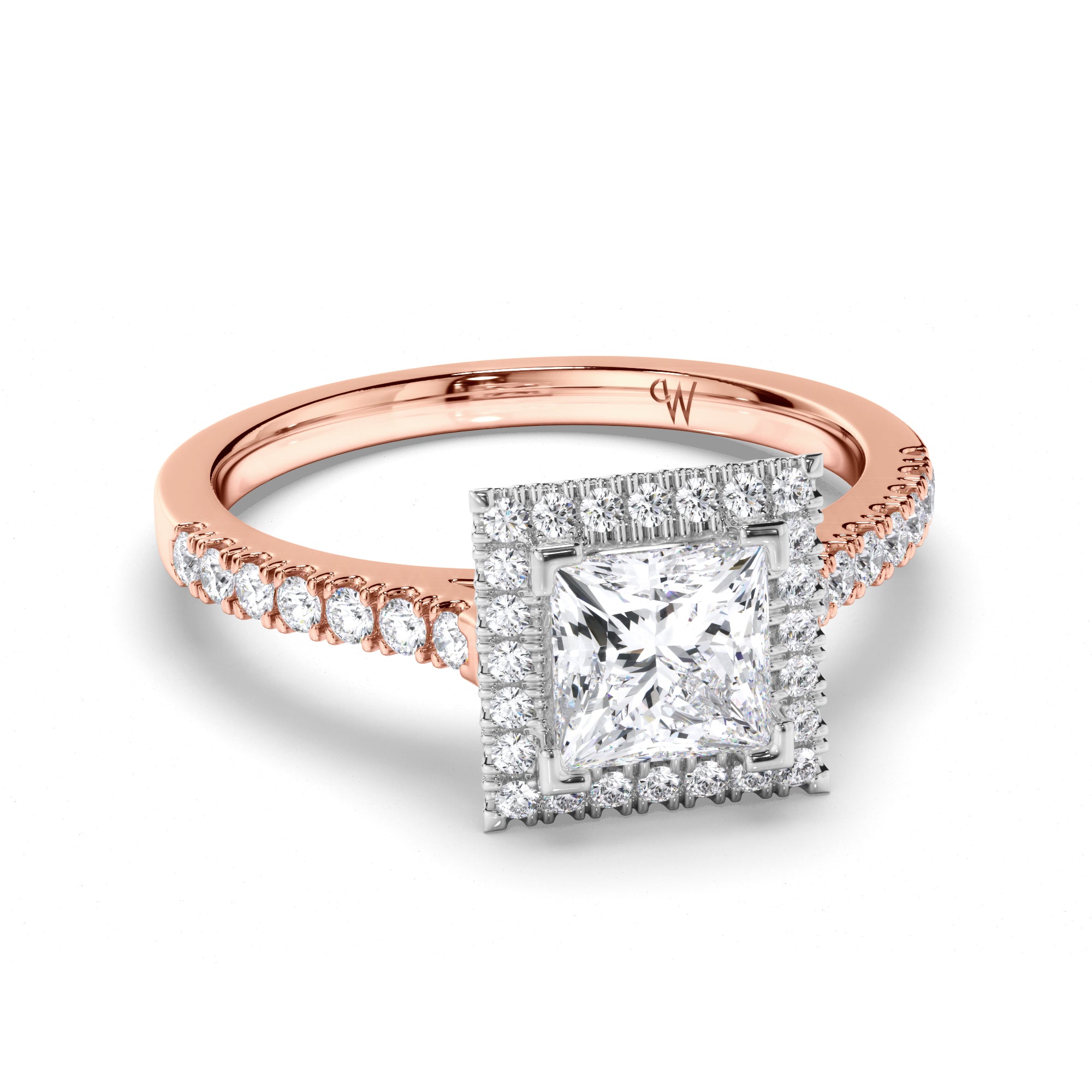 Princess Cut Diamond Engagement Ring with Cut Claw Halo and Band