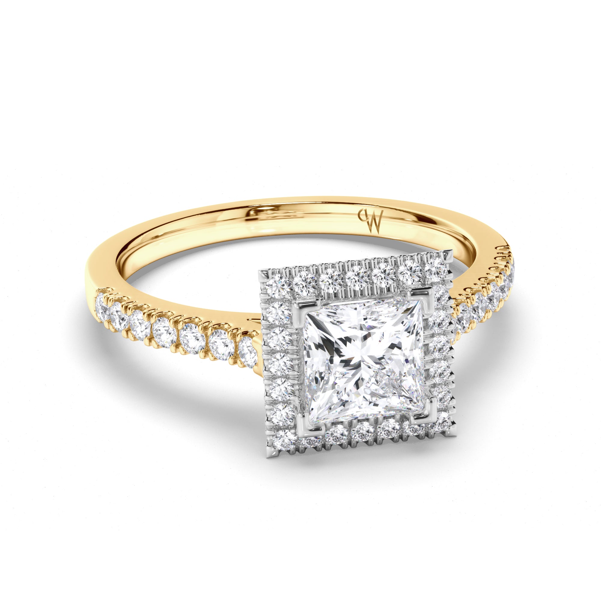 Princess Cut Diamond Engagement Ring with Cut Claw Halo and Band
