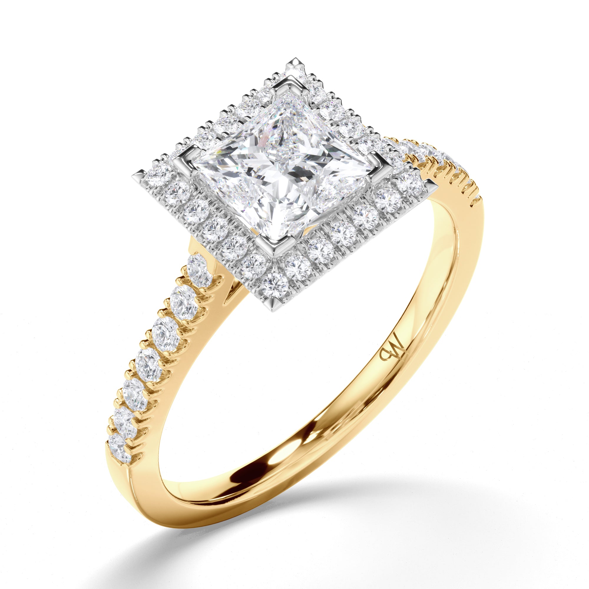 Princess Cut Diamond Engagement Ring with Cut Claw Halo and Band