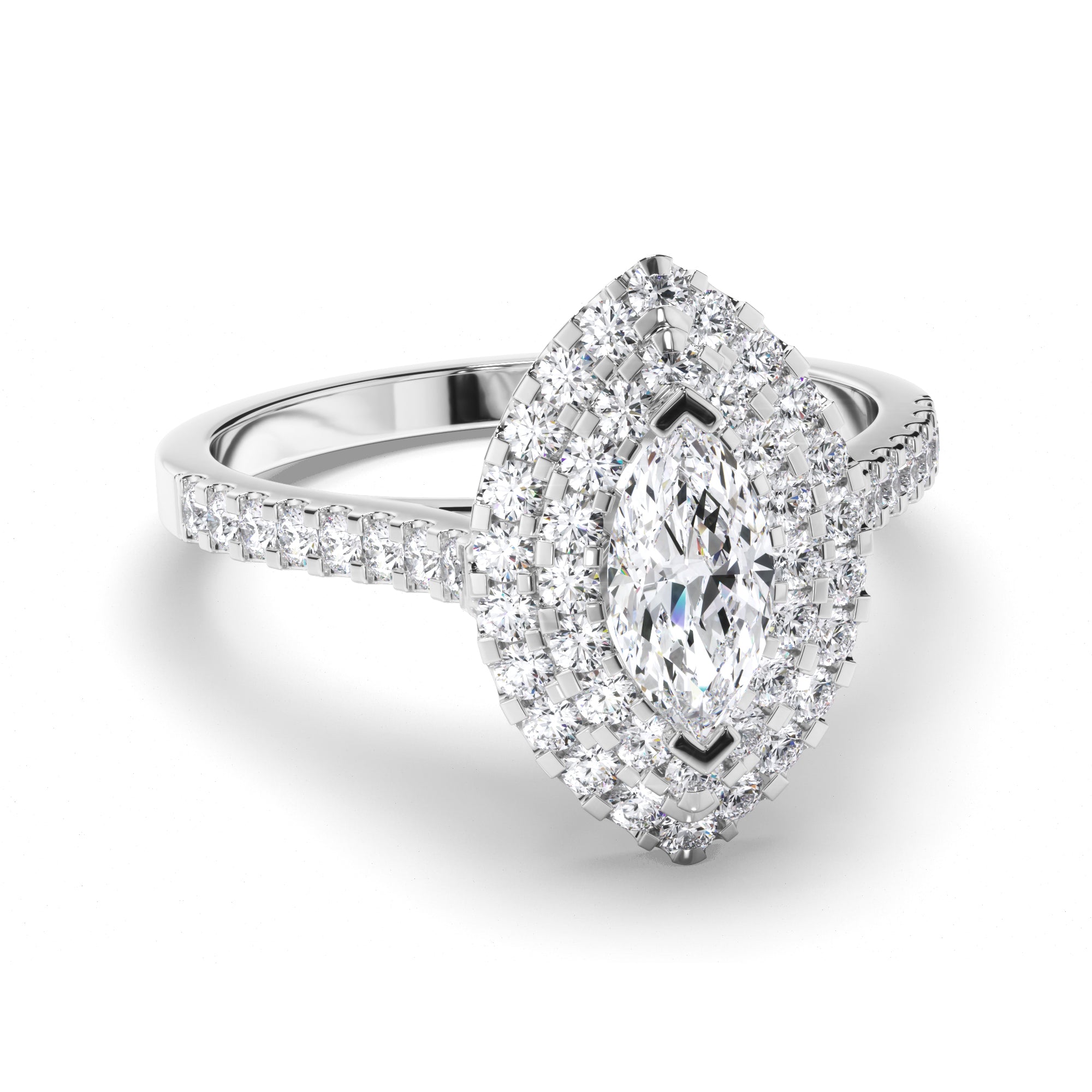Marquise Diamond Engagement Ring with Double Cut Claw Halo and Diamond Band