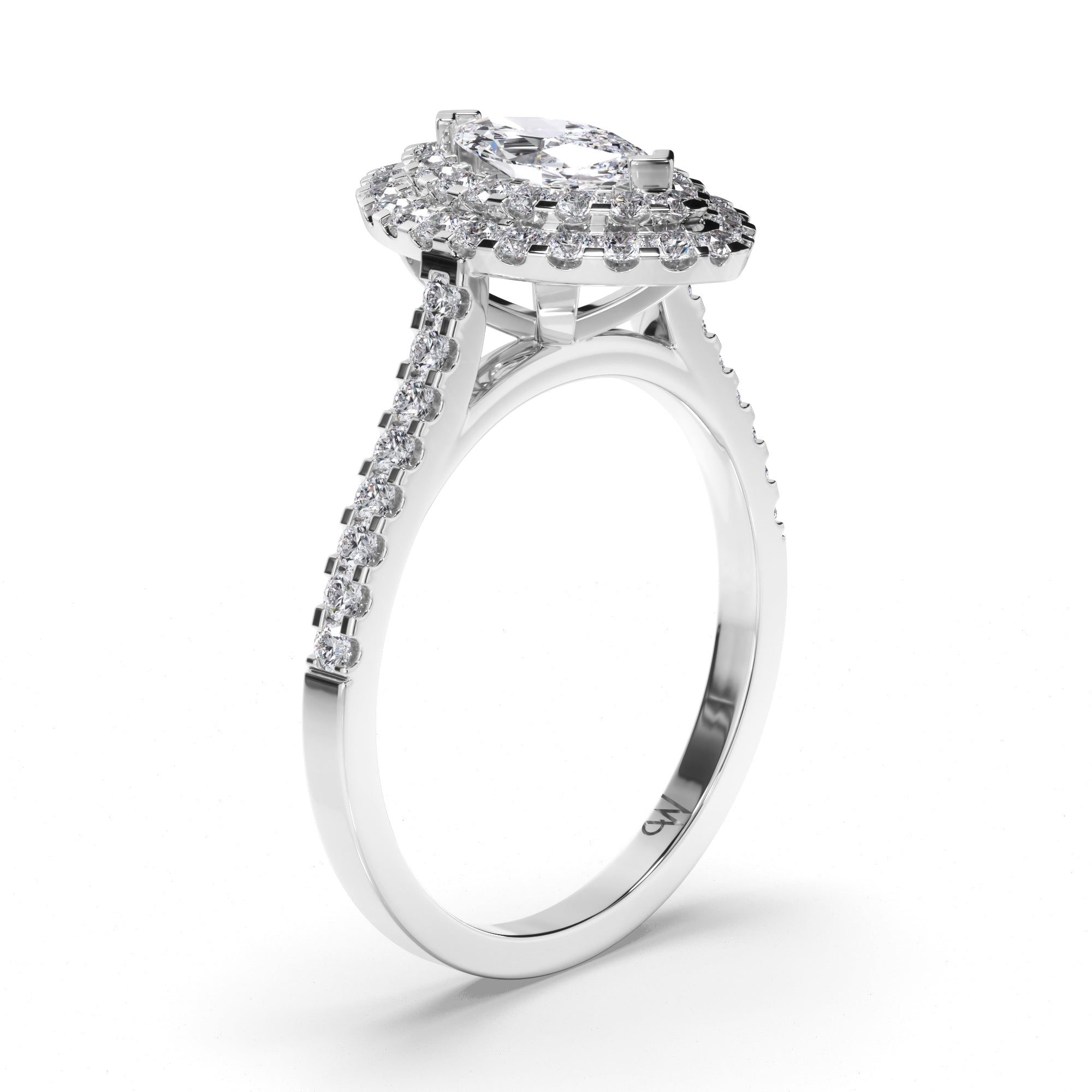 Marquise Diamond Engagement Ring with Double Cut Claw Halo and Diamond Band