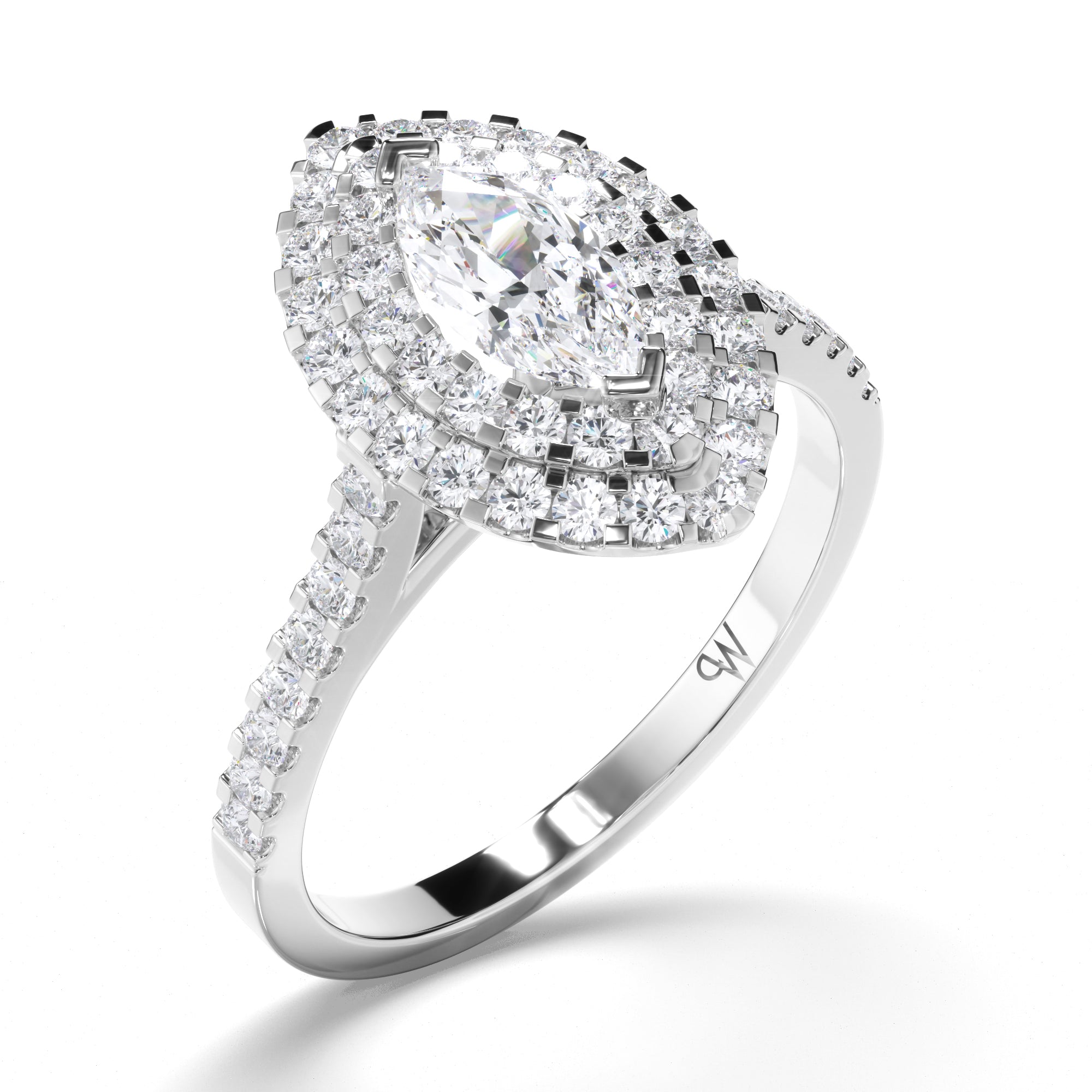 Marquise Diamond Engagement Ring with Double Cut Claw Halo and Diamond Band