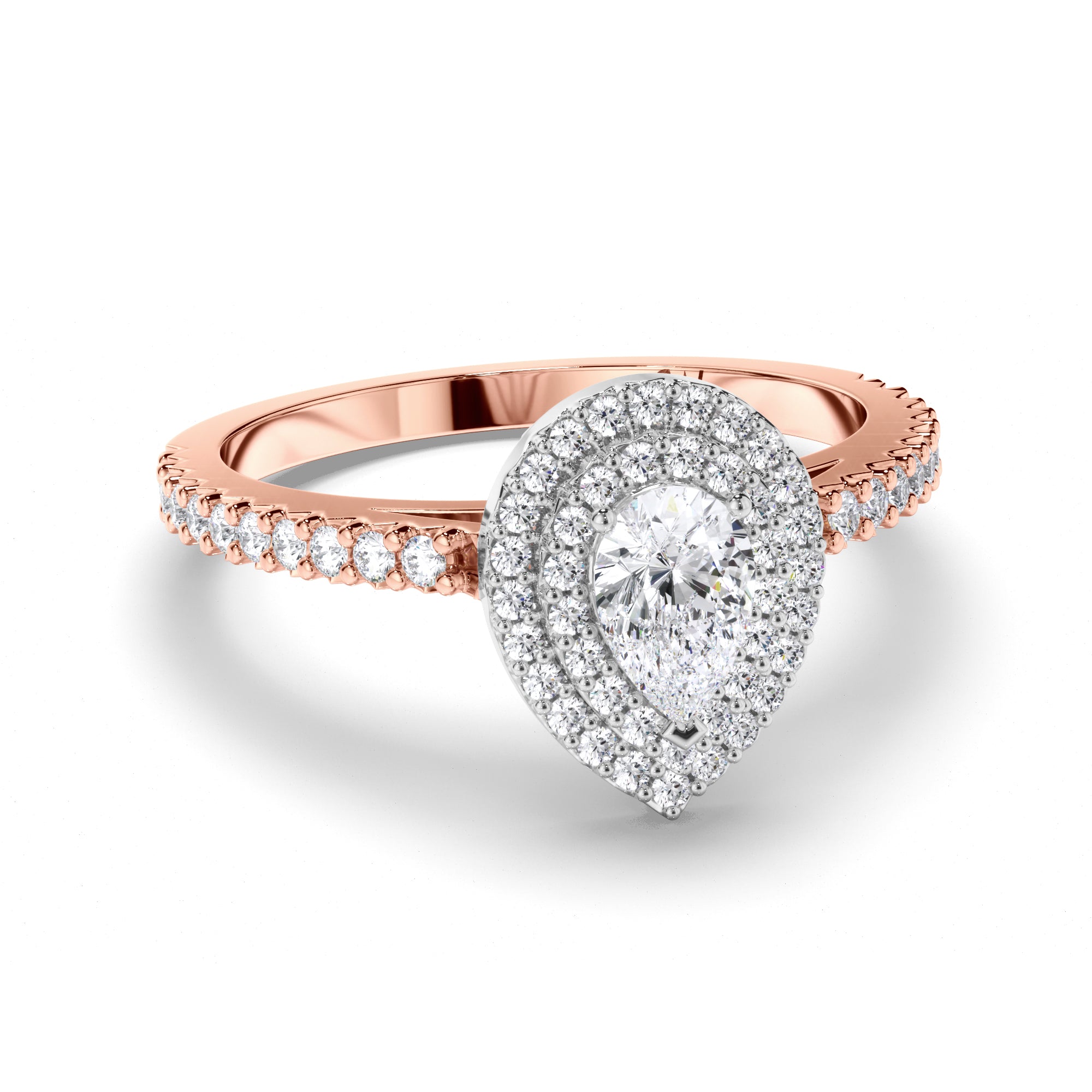 Pear Diamond Engagement Ring with Cut Claw Double Halo and Diamond Band
