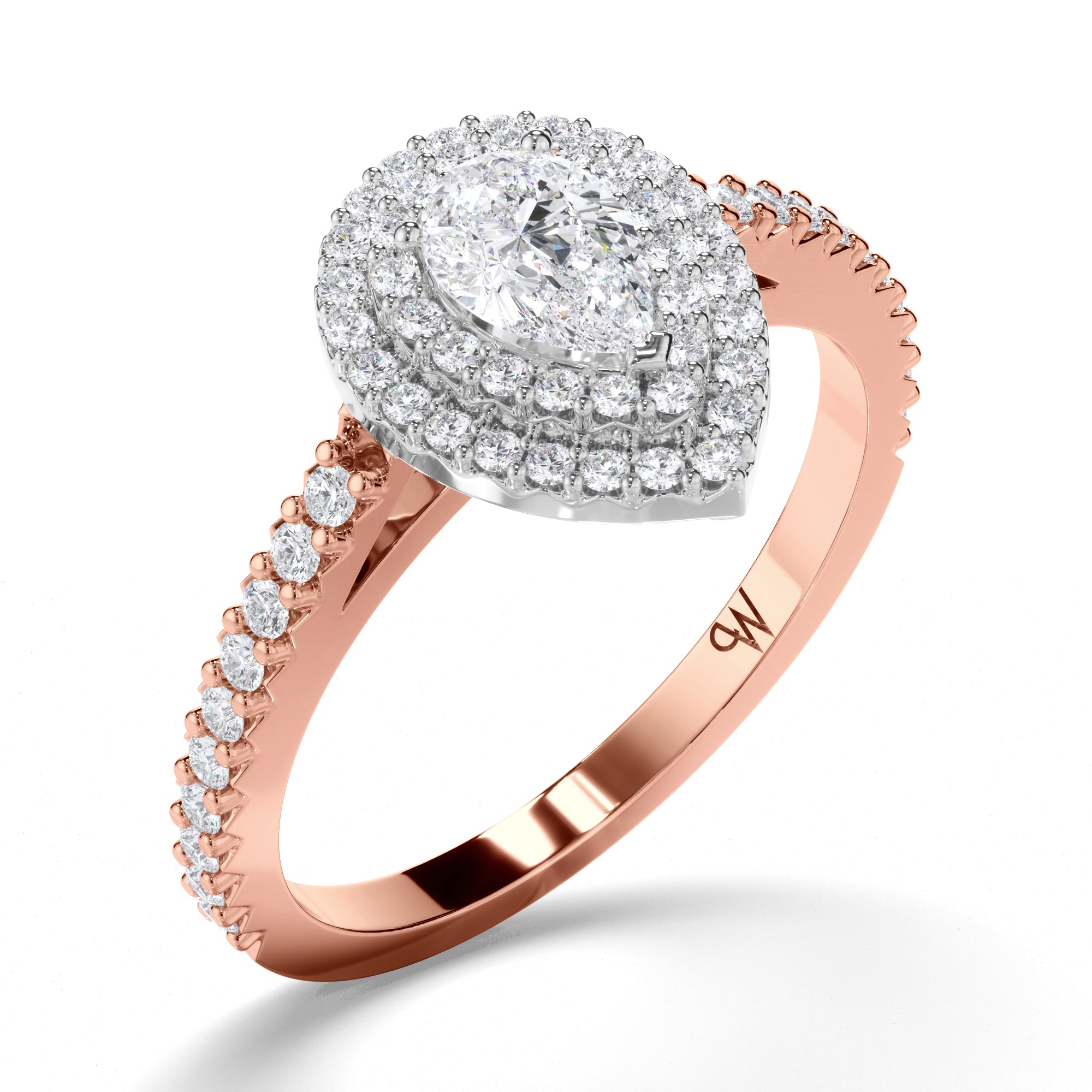 Pear Diamond Engagement Ring with Cut Claw Double Halo and Diamond Band