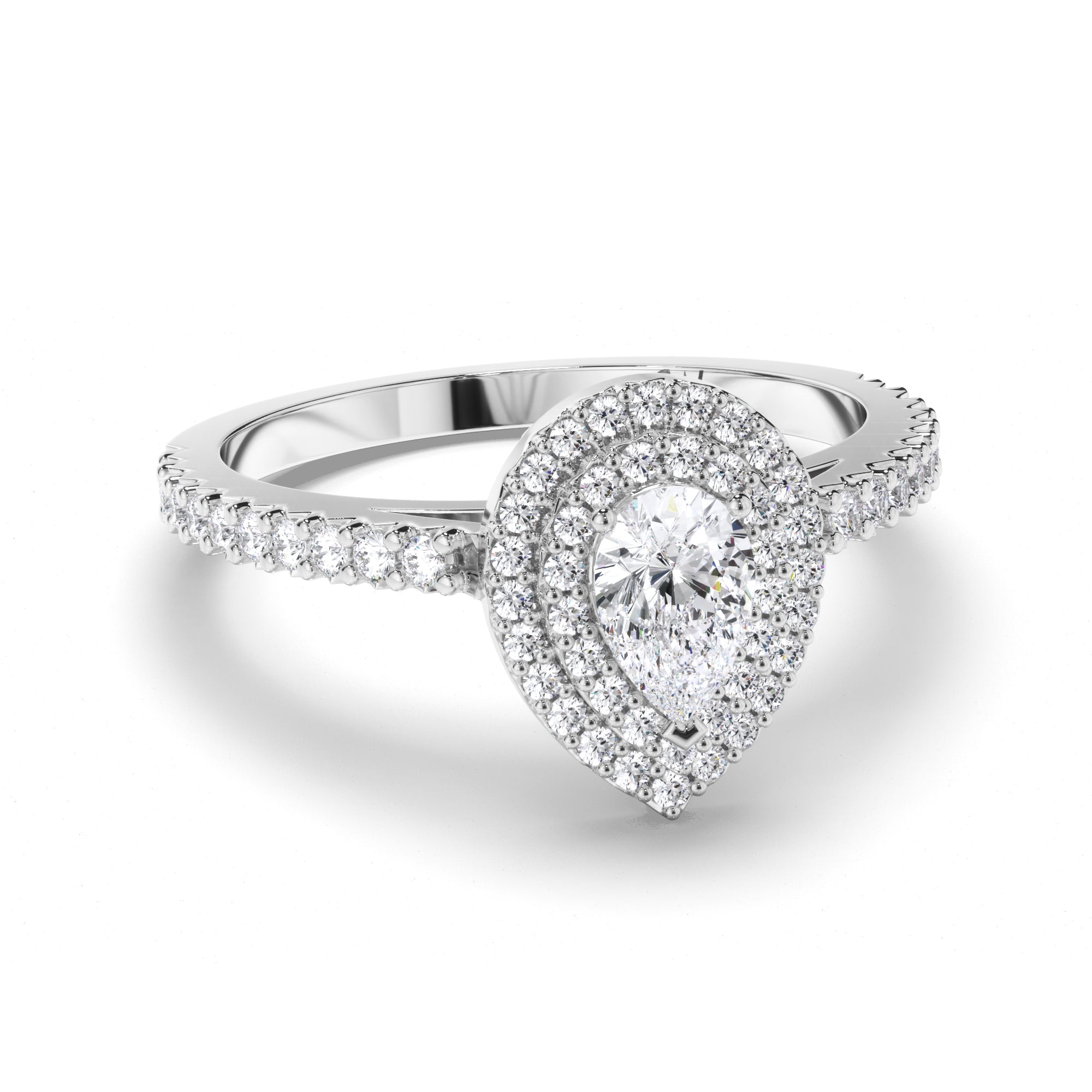 Pear Diamond Engagement Ring with Cut Claw Double Halo and Diamond Band