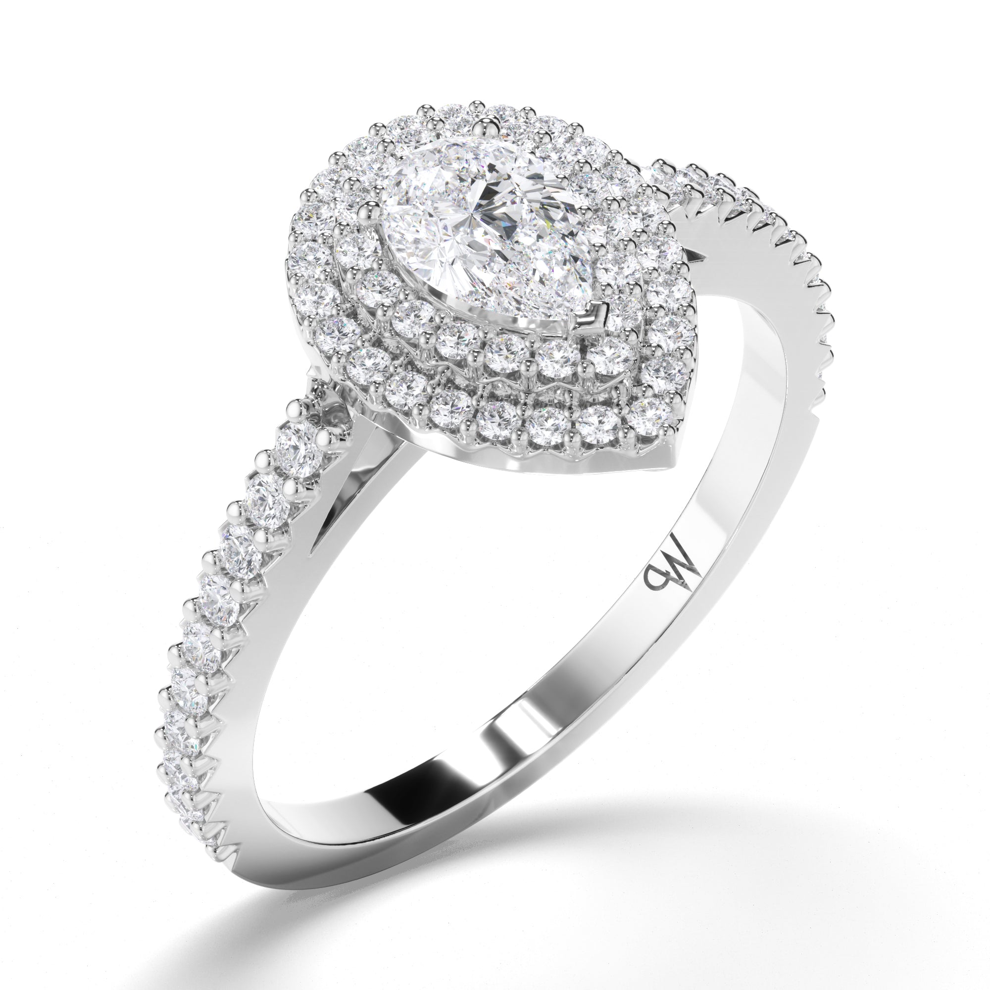 Pear Diamond Engagement Ring with Cut Claw Double Halo and Diamond Band